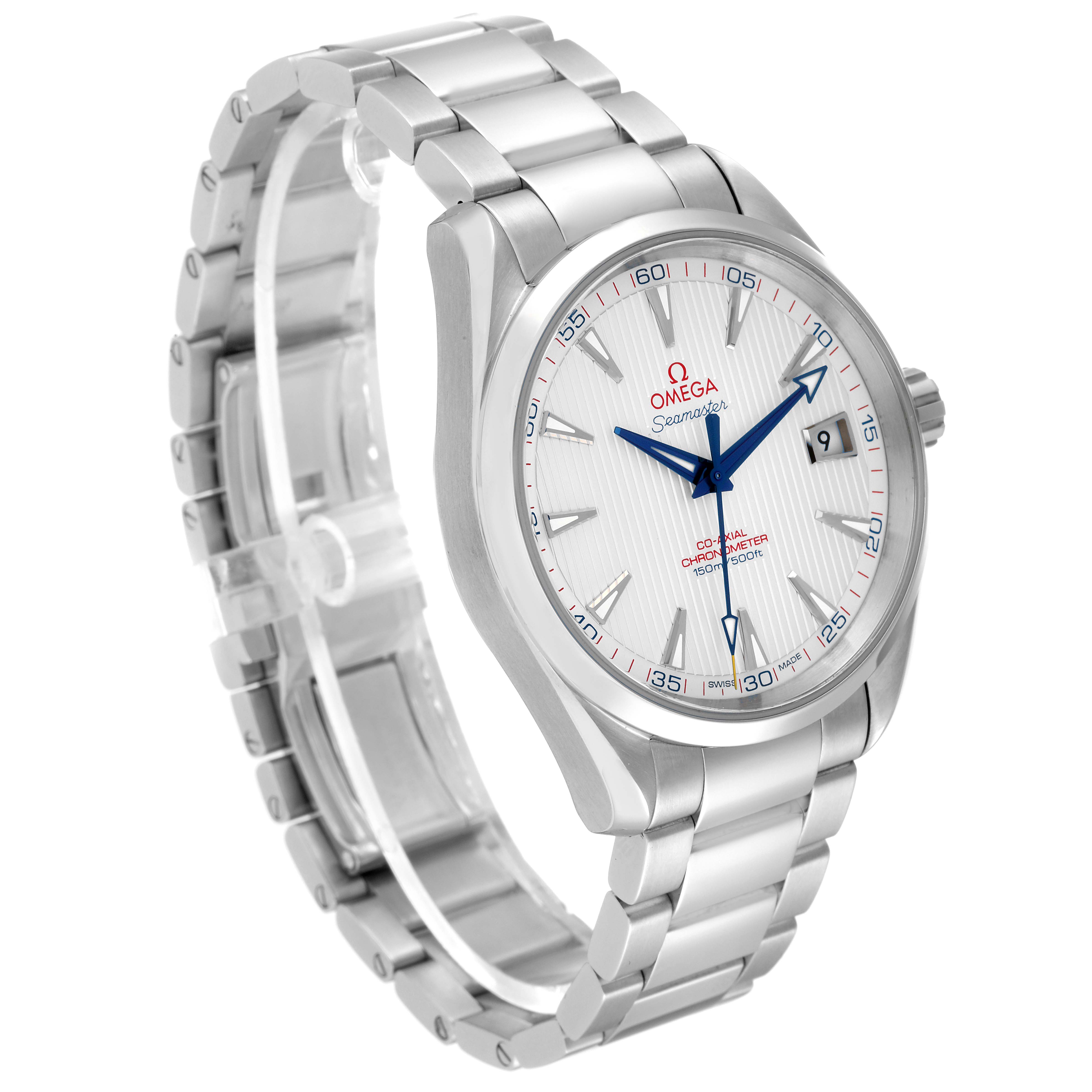 The image shows a side-angle view of the Omega Aqua Terra 231.10.42.21.02.002 Men
s Stainless Steel Silver Dial 231.10.42.21.02.002 Men
s Stainless Steel Silver Dial watch, displaying its face, bezel, and metal bracelet.