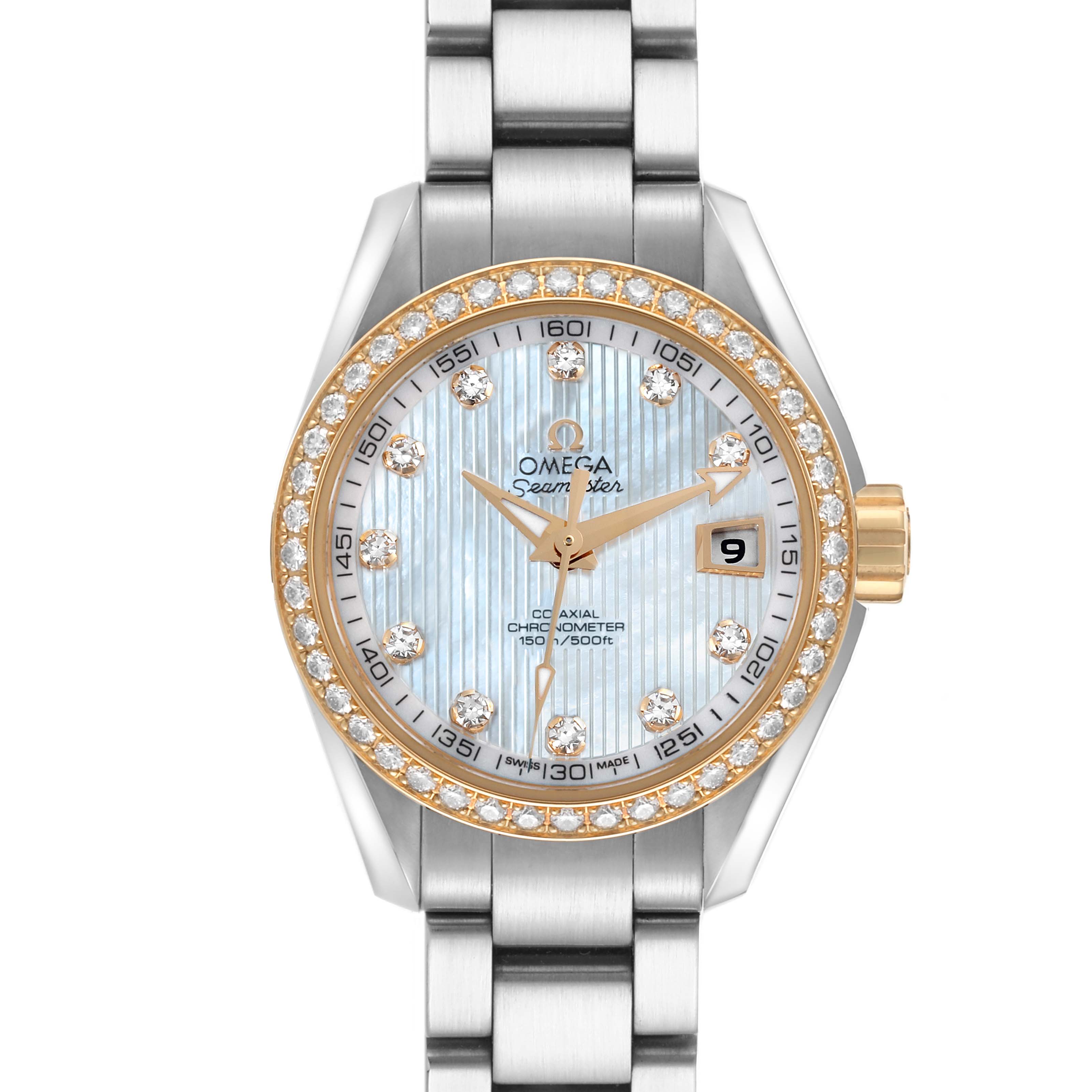 The image shows the front face and bracelet of the Omega 231.25.30.20.55.004 Women's Steel and Gold (two tone) Mother of Pearl Dial 231.25.30.20.55.004 Women's Steel and Gold (two tone) Mother of Pearl Dial Seamaster Aqua Terra Steel Yellow Gold Diamond Ladies Watch 231.25.30.20.55.004.