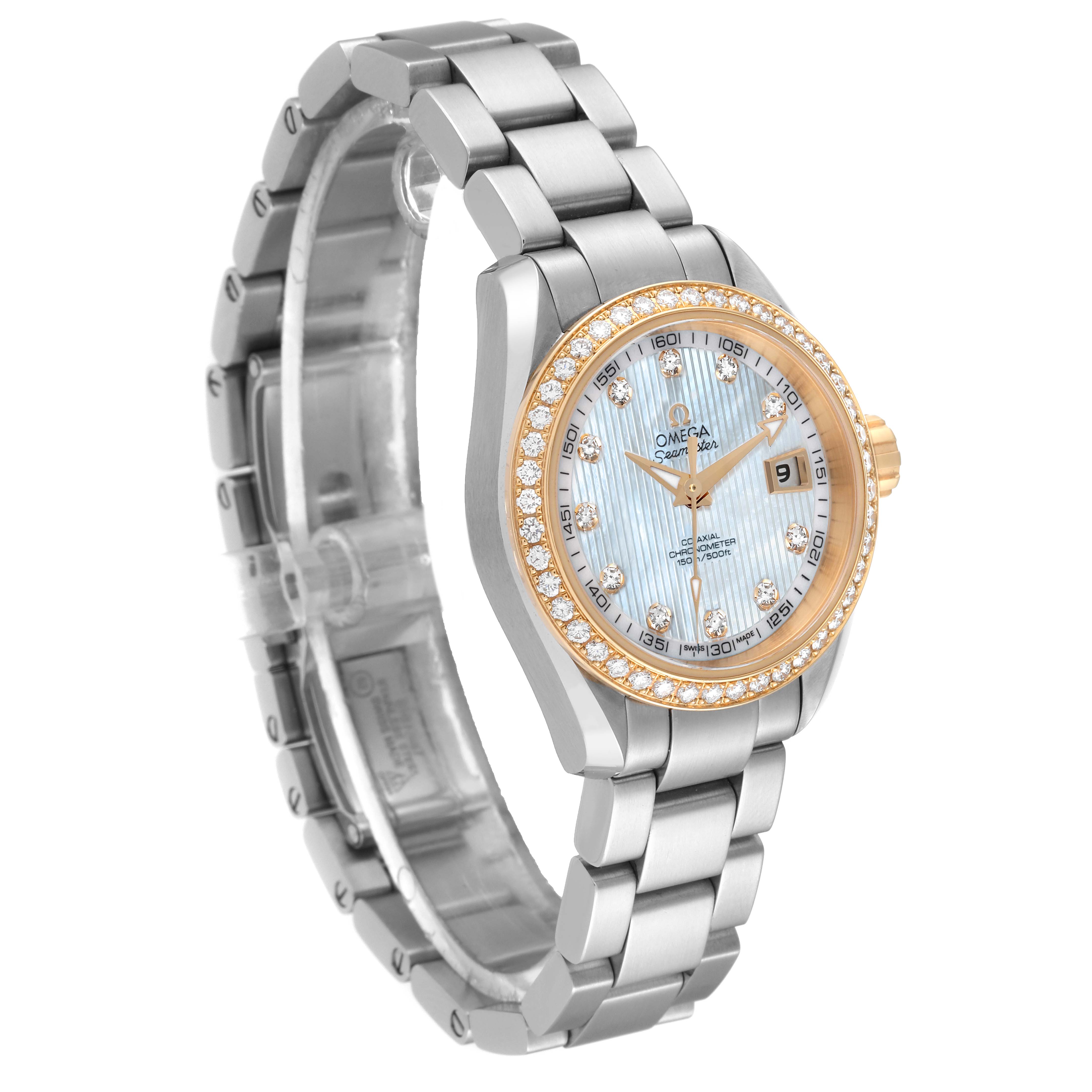 The image shows a front angle of the Omega 231.25.30.20.55.004 Women's Steel and Gold (two tone) Mother of Pearl Dial 231.25.30.20.55.004 Women's Steel and Gold (two tone) Mother of Pearl Dial Seamaster Aqua Terra Steel Yellow Gold Diamond Ladies Watch 231.25.30.20.55.004, highlighting the face, bezel, and bracelet.