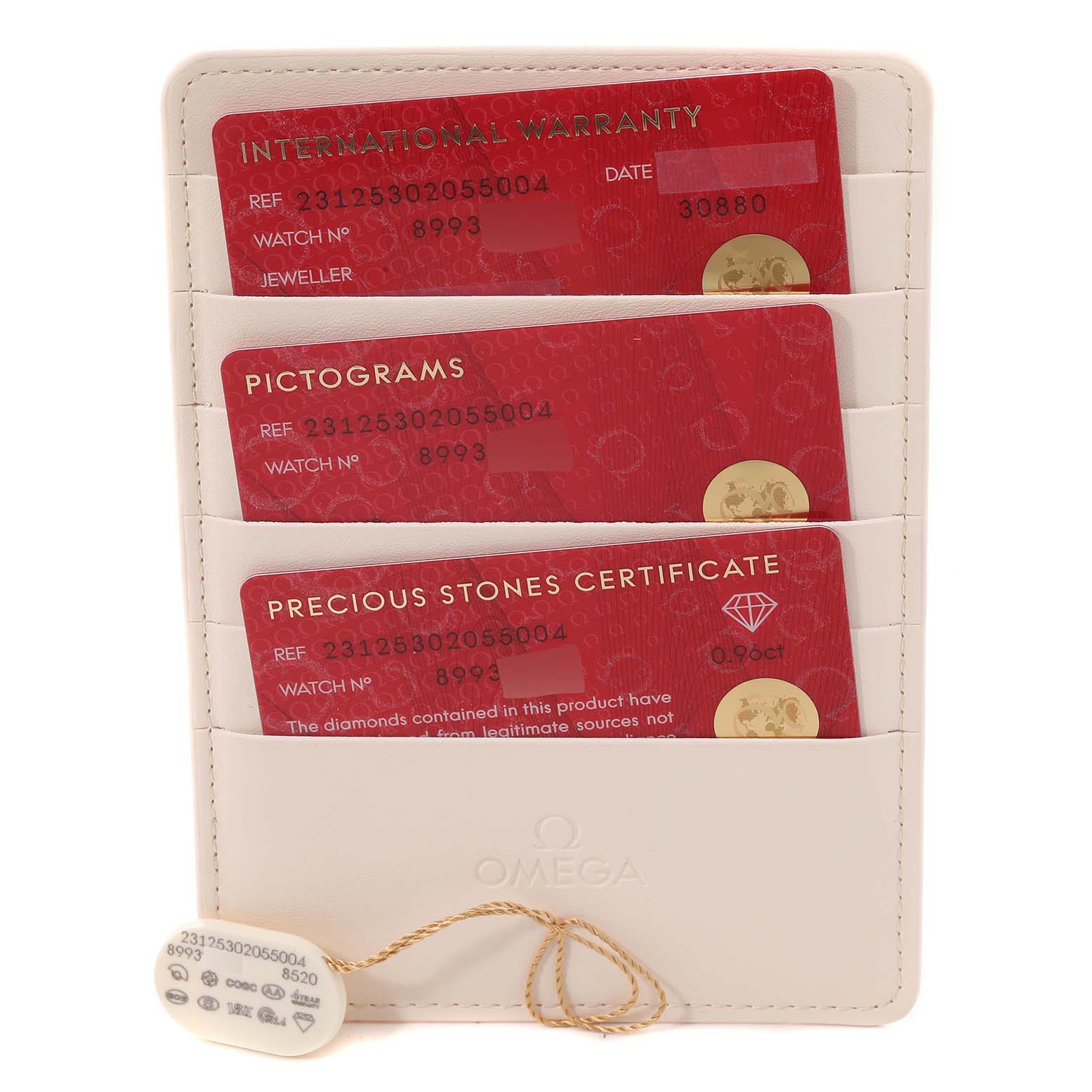 The image shows warranty and certification cards for the Omega 231.25.30.20.55.004 Women's Steel and Gold (two tone) Mother of Pearl Dial 231.25.30.20.55.004 Women's Steel and Gold (two tone) Mother of Pearl Dial Seamaster Aqua Terra Steel Yellow Gold Diamond Ladies Watch 231.25.30.20.55.004.