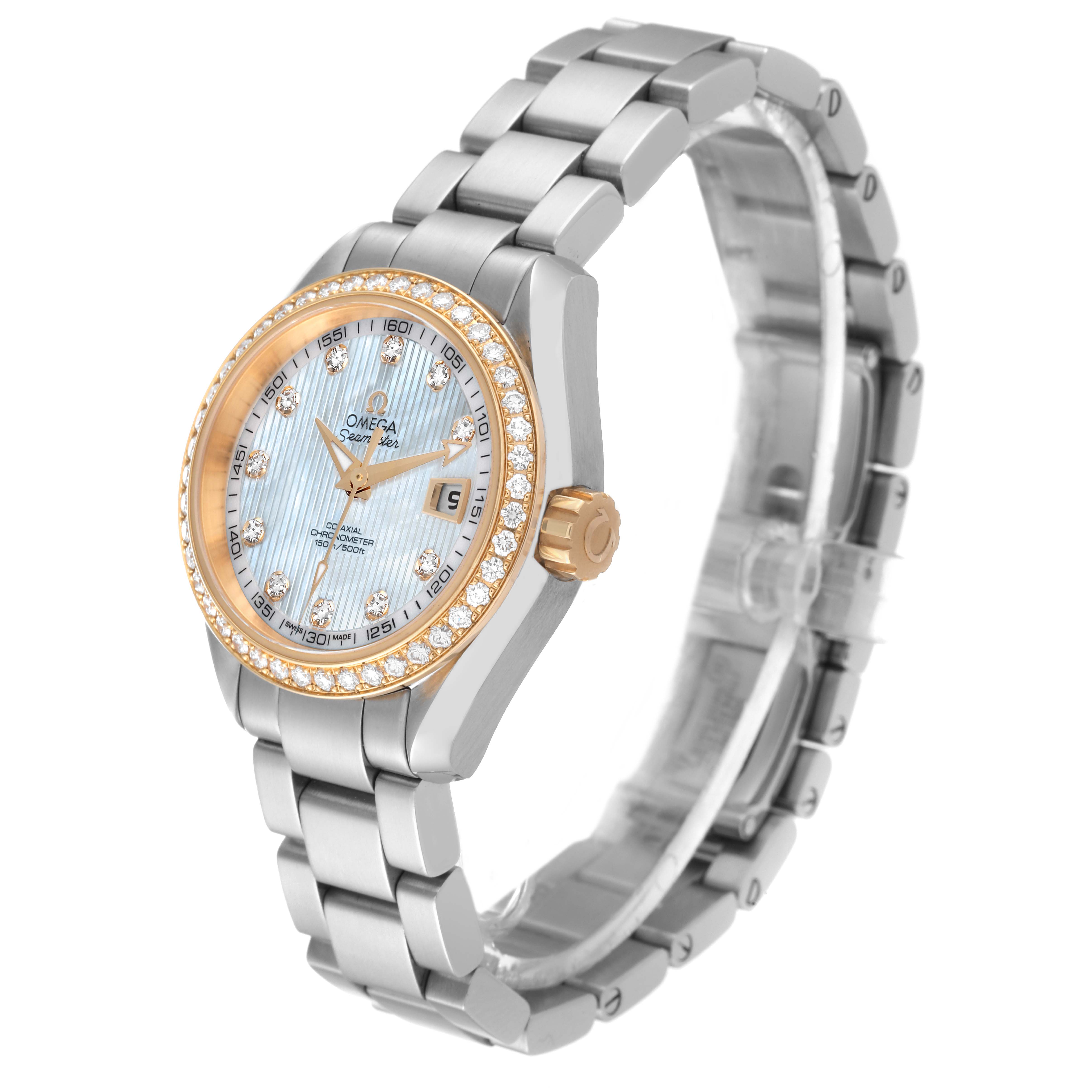 The Omega 231.25.30.20.55.004 Women's Steel and Gold (two tone) Mother of Pearl Dial 231.25.30.20.55.004 Women's Steel and Gold (two tone) Mother of Pearl Dial Seamaster Aqua Terra Steel Yellow Gold Diamond Ladies Watch 231.25.30.20.55.004 is shown at a three-quarter angle, highlighting the dial, bracelet, and bezel.