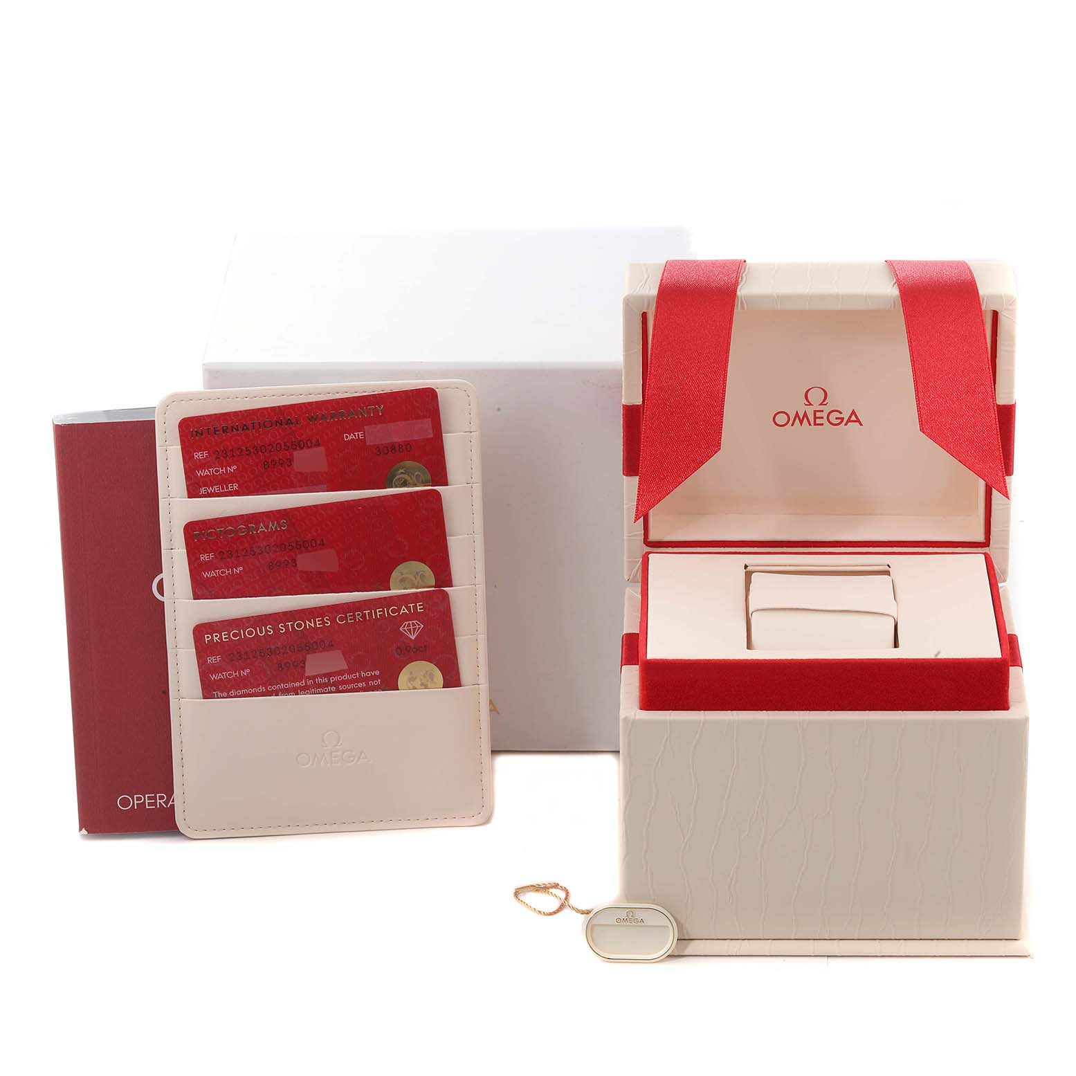 The image shows the packaging, warranty cards, certificate, and tag for the Omega 231.25.30.20.55.004 Women's Steel and Gold (two tone) Mother of Pearl Dial 231.25.30.20.55.004 Women's Steel and Gold (two tone) Mother of Pearl Dial Seamaster Aqua Terra Steel Yellow Gold Diamond Ladies Watch 231.25.30.20.55.004.