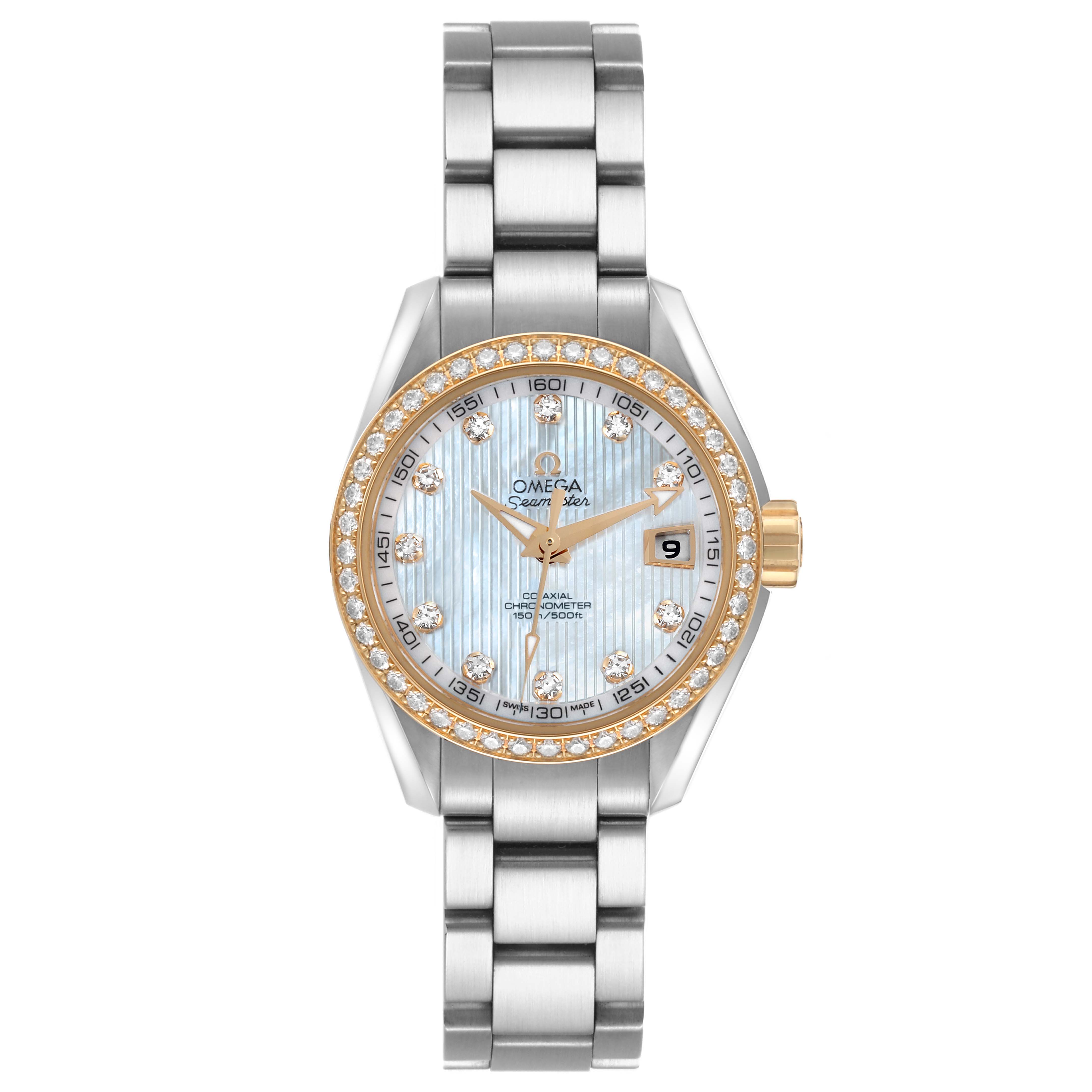 The image shows a front view of an Omega 231.25.30.20.55.004 Women's Steel and Gold (two tone) Mother of Pearl Dial 231.25.30.20.55.004 Women's Steel and Gold (two tone) Mother of Pearl Dial Seamaster Aqua Terra Steel Yellow Gold Diamond Ladies Watch 231.25.30.20.55.004.