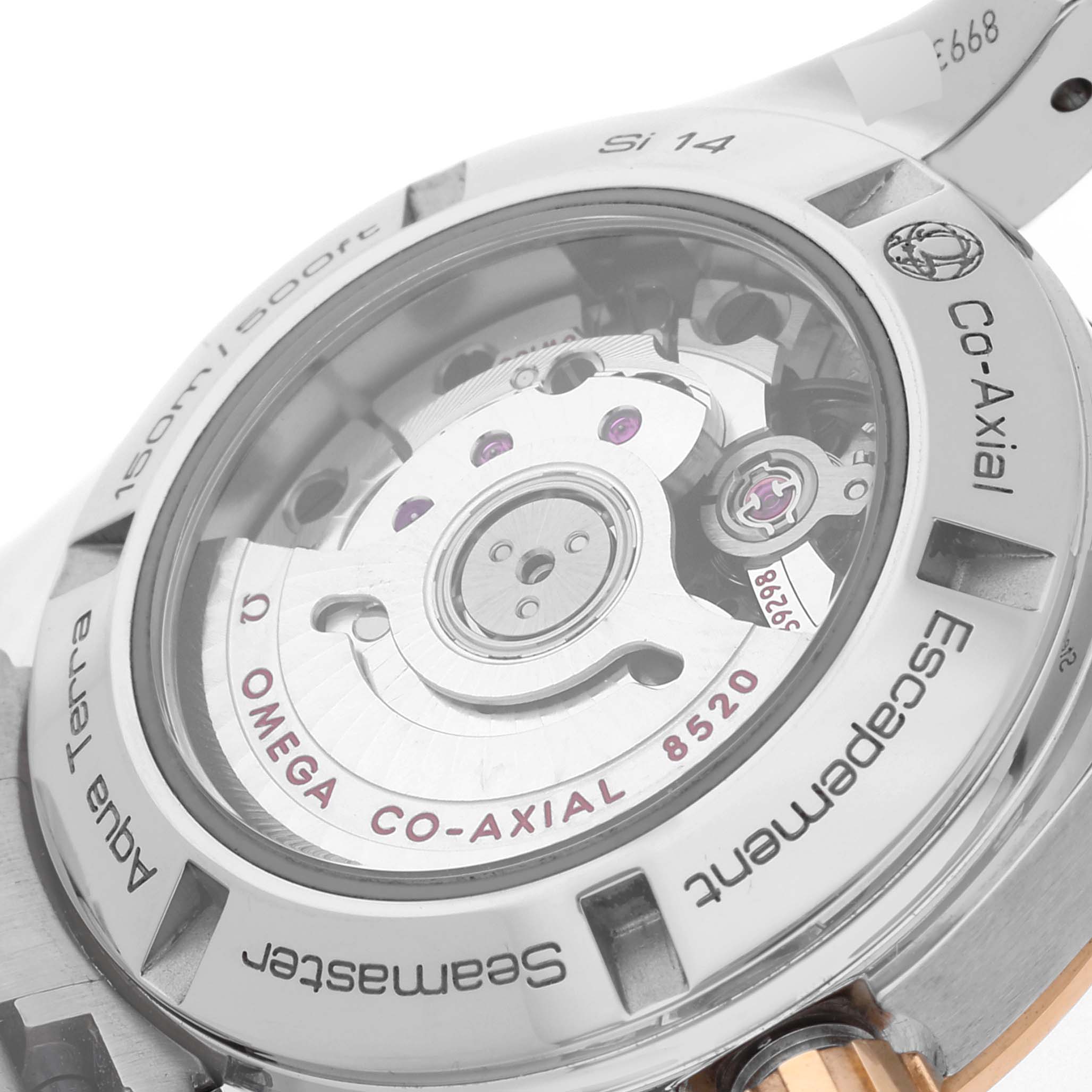 The image shows the back view of the Omega 231.25.30.20.55.004 Women's Steel and Gold (two tone) Mother of Pearl Dial 231.25.30.20.55.004 Women's Steel and Gold (two tone) Mother of Pearl Dial Seamaster Aqua Terra Steel Yellow Gold Diamond Ladies Watch 231.25.30.20.55.004, highlighting the movement.