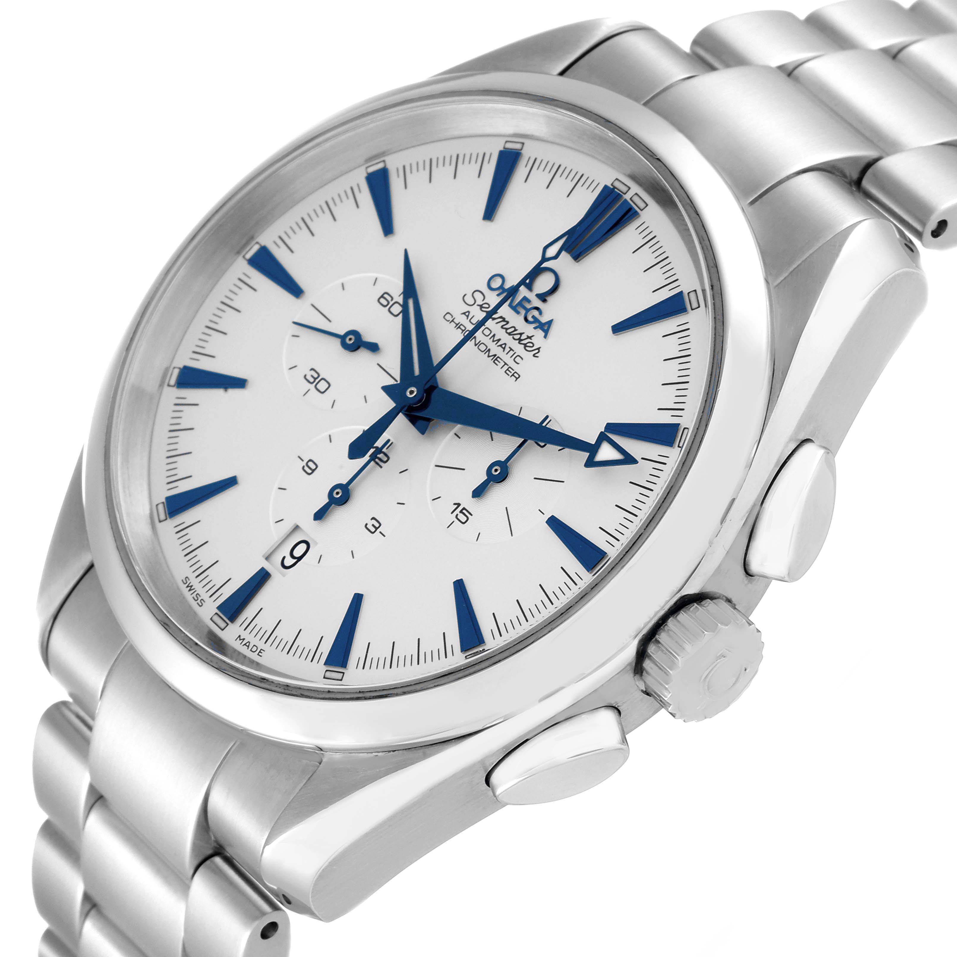 The image shows a close-up, angled view of an Omega Aqua Terra 2512.30.00 Men's Stainless Steel Silver Dial 2512.30.00 Men's Stainless Steel Silver Dial watch showcasing its dial, case, crown, and bracelet.