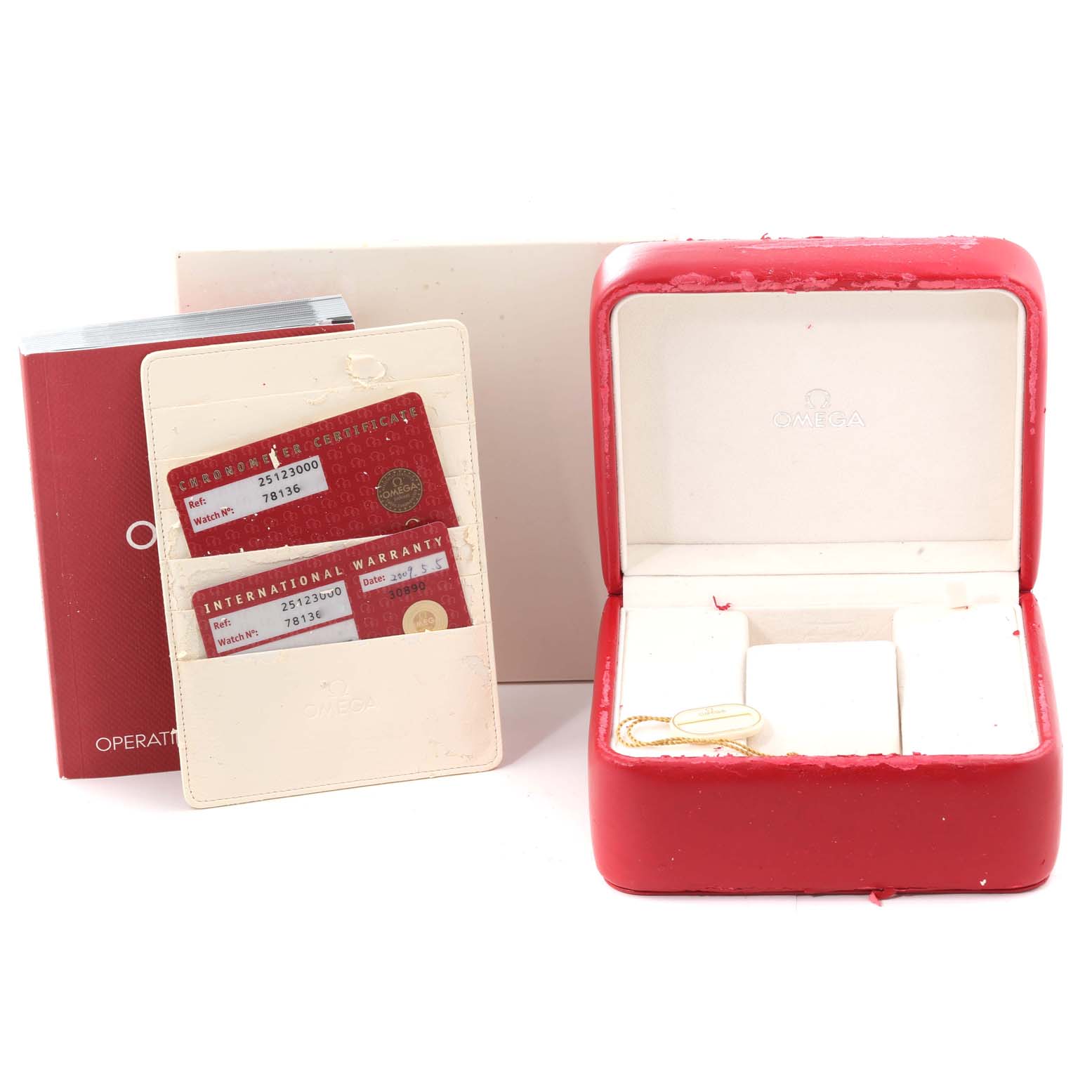 The image shows the Omega Aqua Terra 2512.30.00 Men's Stainless Steel Silver Dial 2512.30.00 Men's Stainless Steel Silver Dial watch box, warranty cards, tag, and manual.