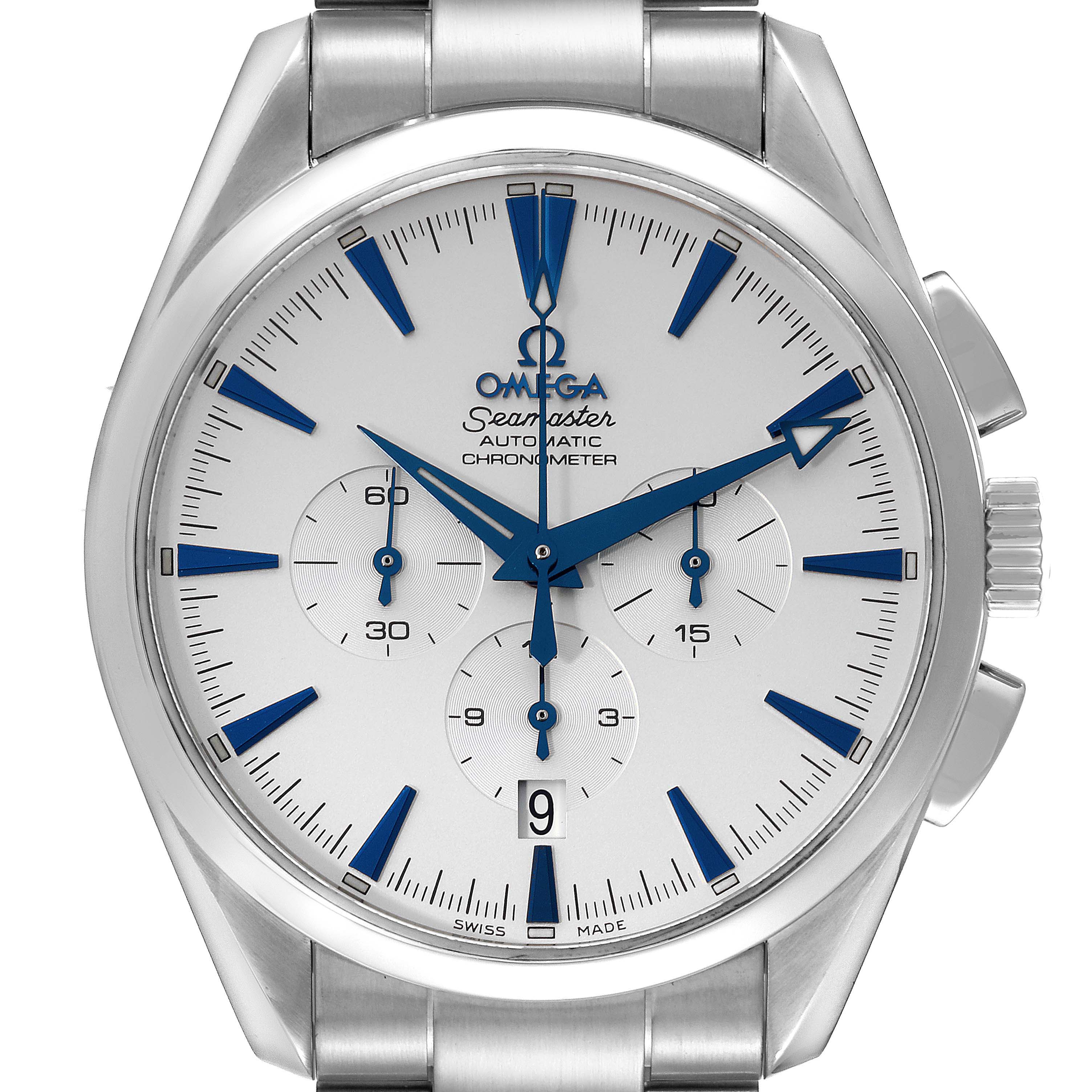 This image shows a front view of the Omega Seamaster Aqua Terra watch, highlighting its dial, hands, chronograph subdials, and date display.