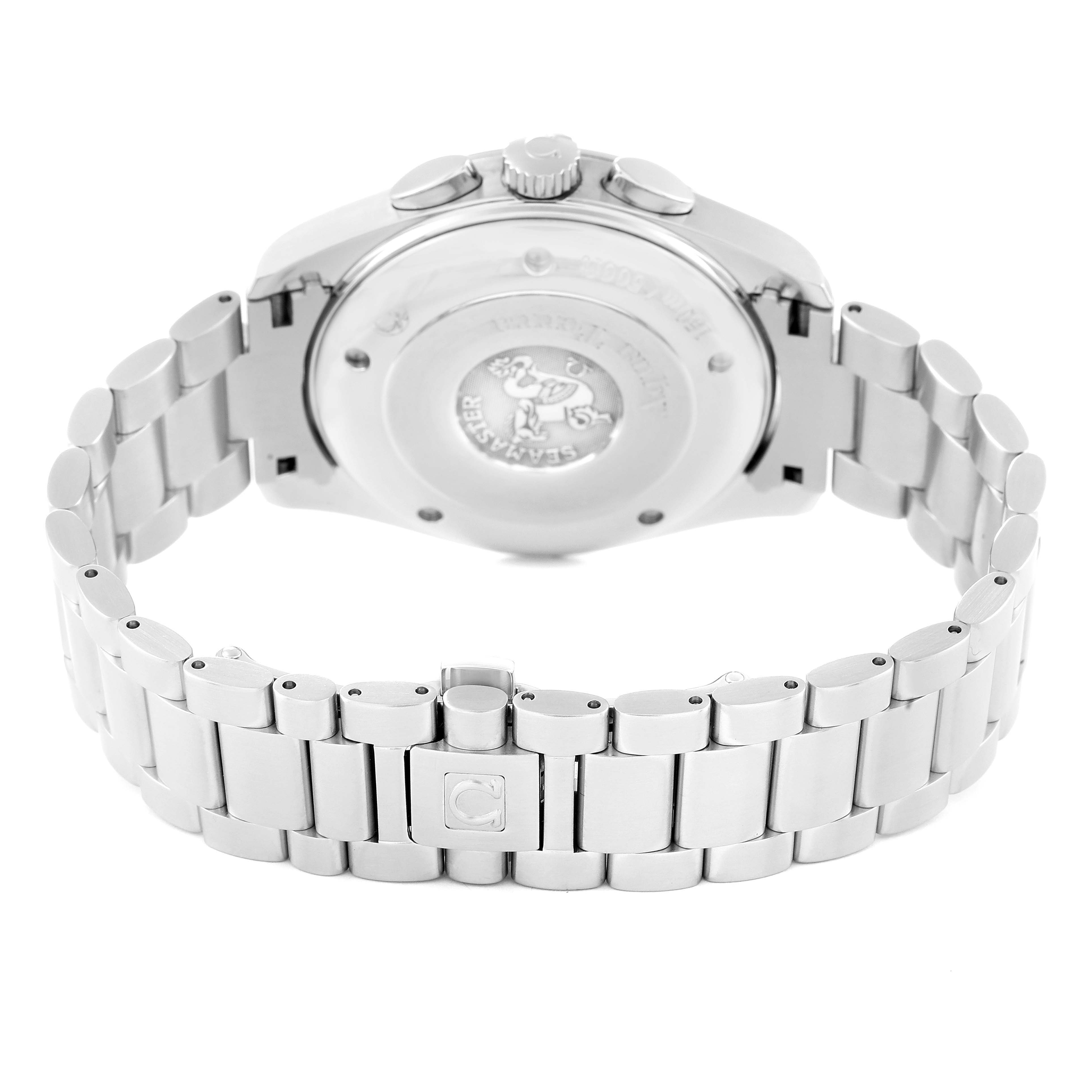 The image shows the back of an Omega Aqua Terra 2512.30.00 Men's Stainless Steel Silver Dial 2512.30.00 Men's Stainless Steel Silver Dial watch, highlighting its case back, crown, and metal bracelet.