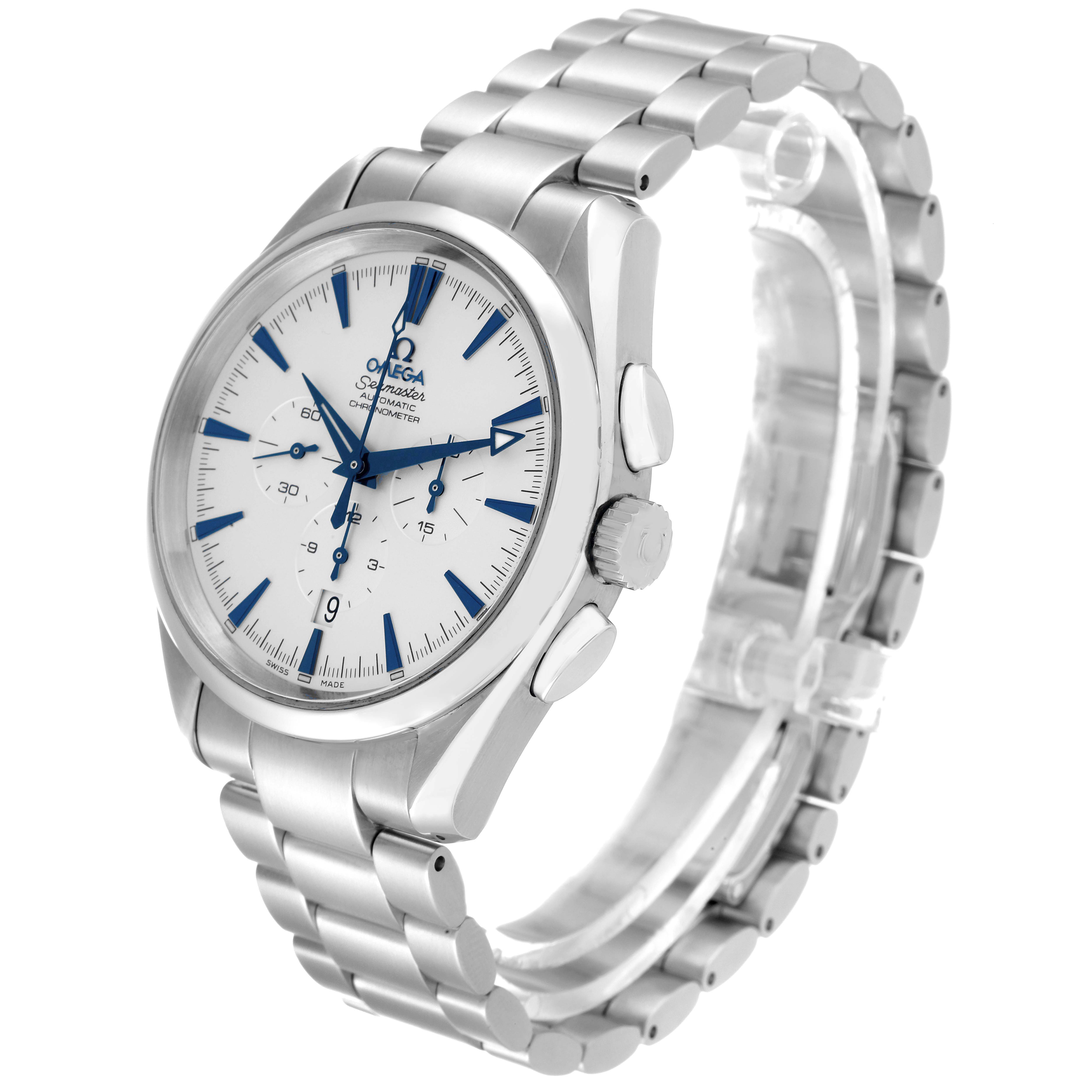 The Omega Aqua Terra 2512.30.00 Men's Stainless Steel Silver Dial 2512.30.00 Men's Stainless Steel Silver Dial watch is shown at a three-quarter angle displaying the face, bezel, crown, and bracelet.
