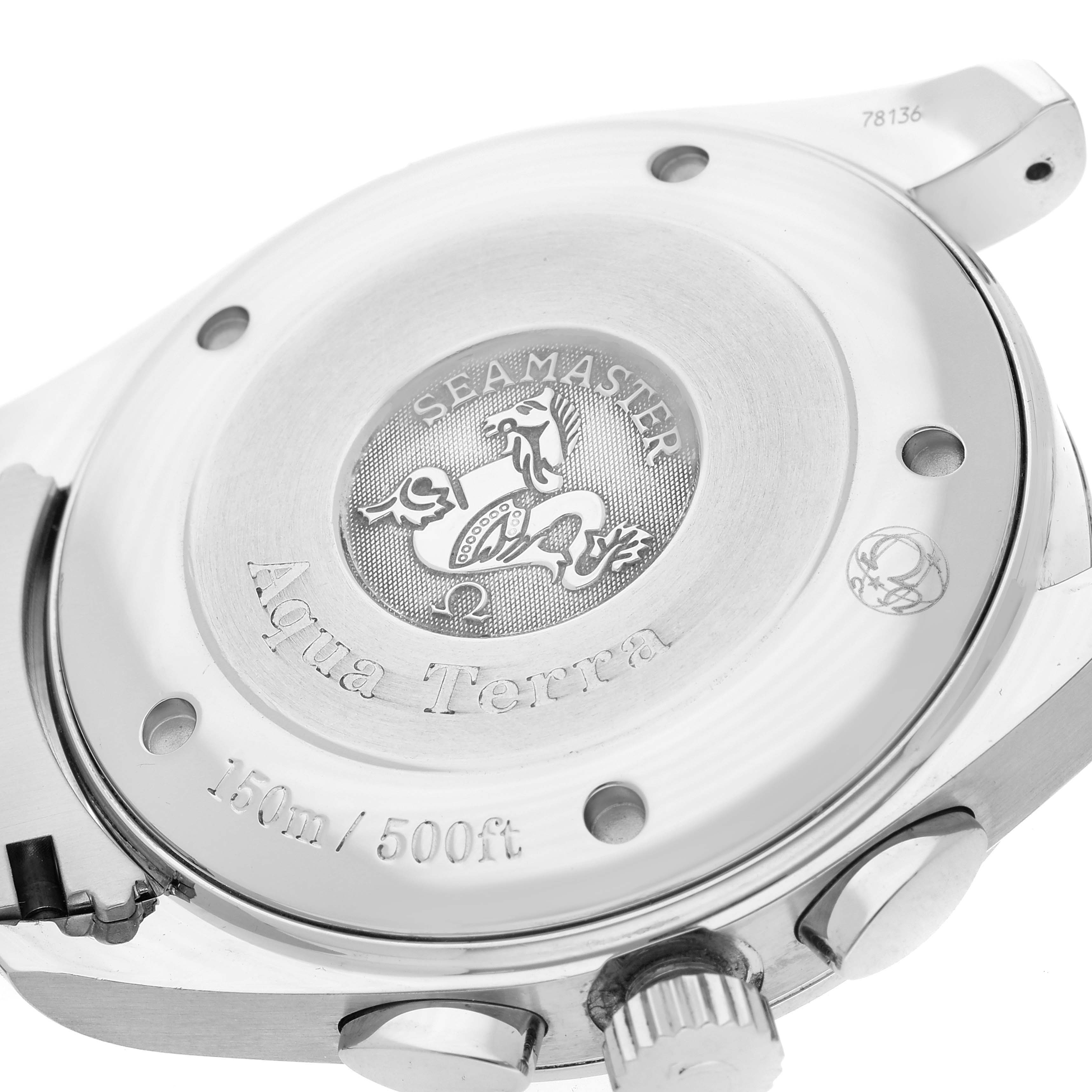 This image shows the case back of the Omega Aqua Terra 2512.30.00 Men's Stainless Steel Silver Dial 2512.30.00 Men's Stainless Steel Silver Dial watch, highlighting its engravings and water resistance rating of 150m/500ft.