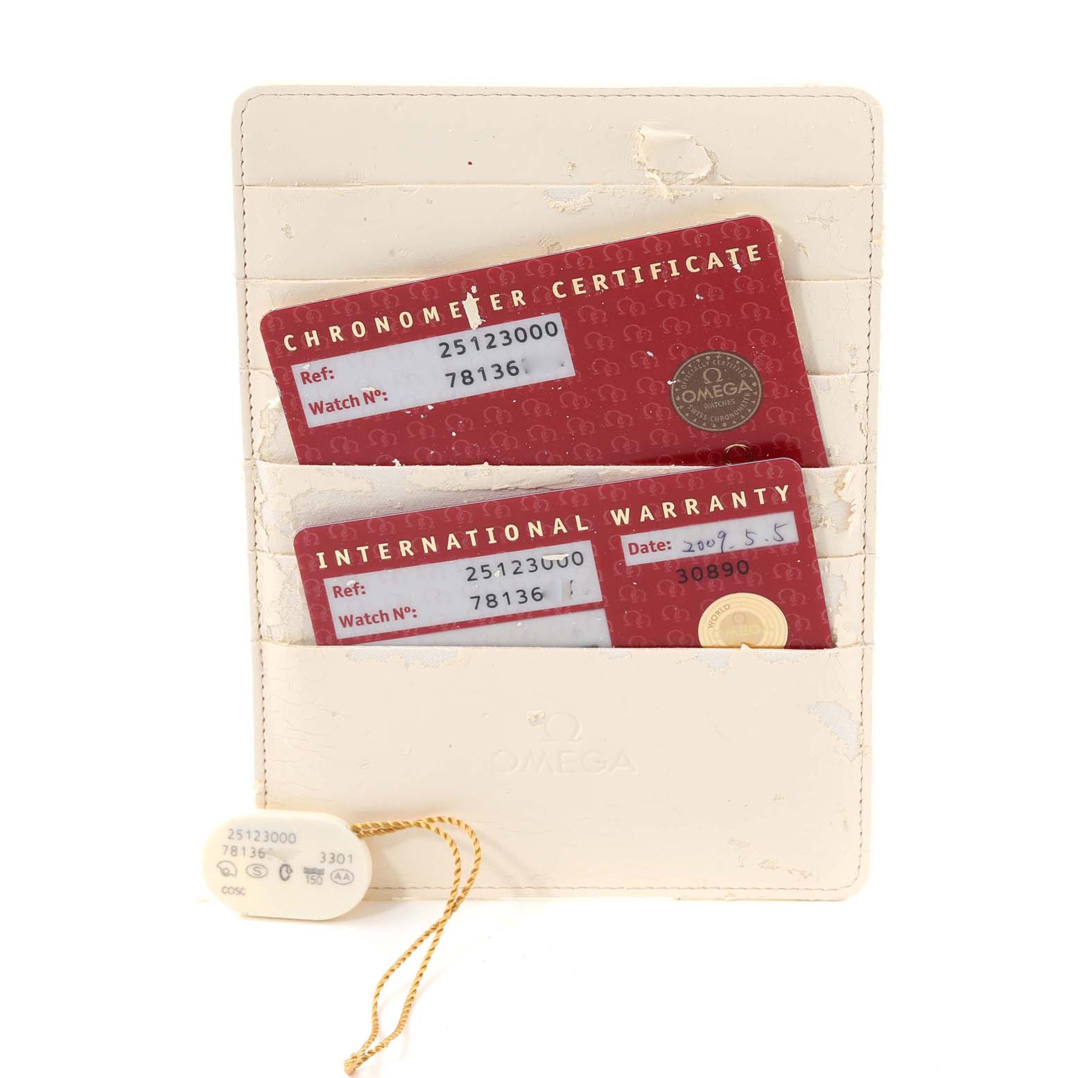 The image shows warranty and chronometer certificate cards along with a tag for an Omega Aqua Terra 2512.30.00 Men's Stainless Steel Silver Dial 2512.30.00 Men's Stainless Steel Silver Dial watch.