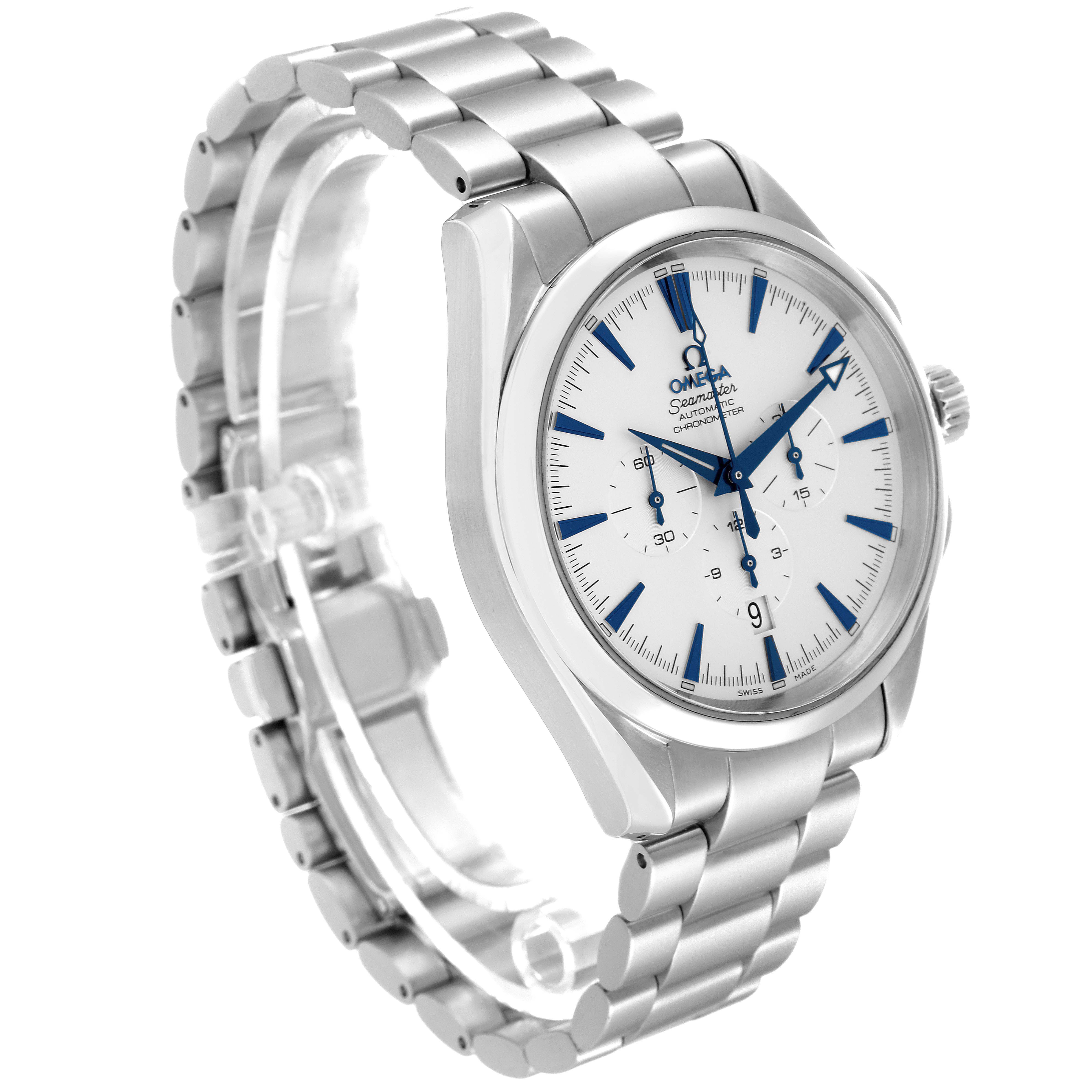 The image shows a side view of the Omega Aqua Terra 2512.30.00 Men's Stainless Steel Silver Dial 2512.30.00 Men's Stainless Steel Silver Dial watch, highlighting its face, bezel, crown, and bracelet.