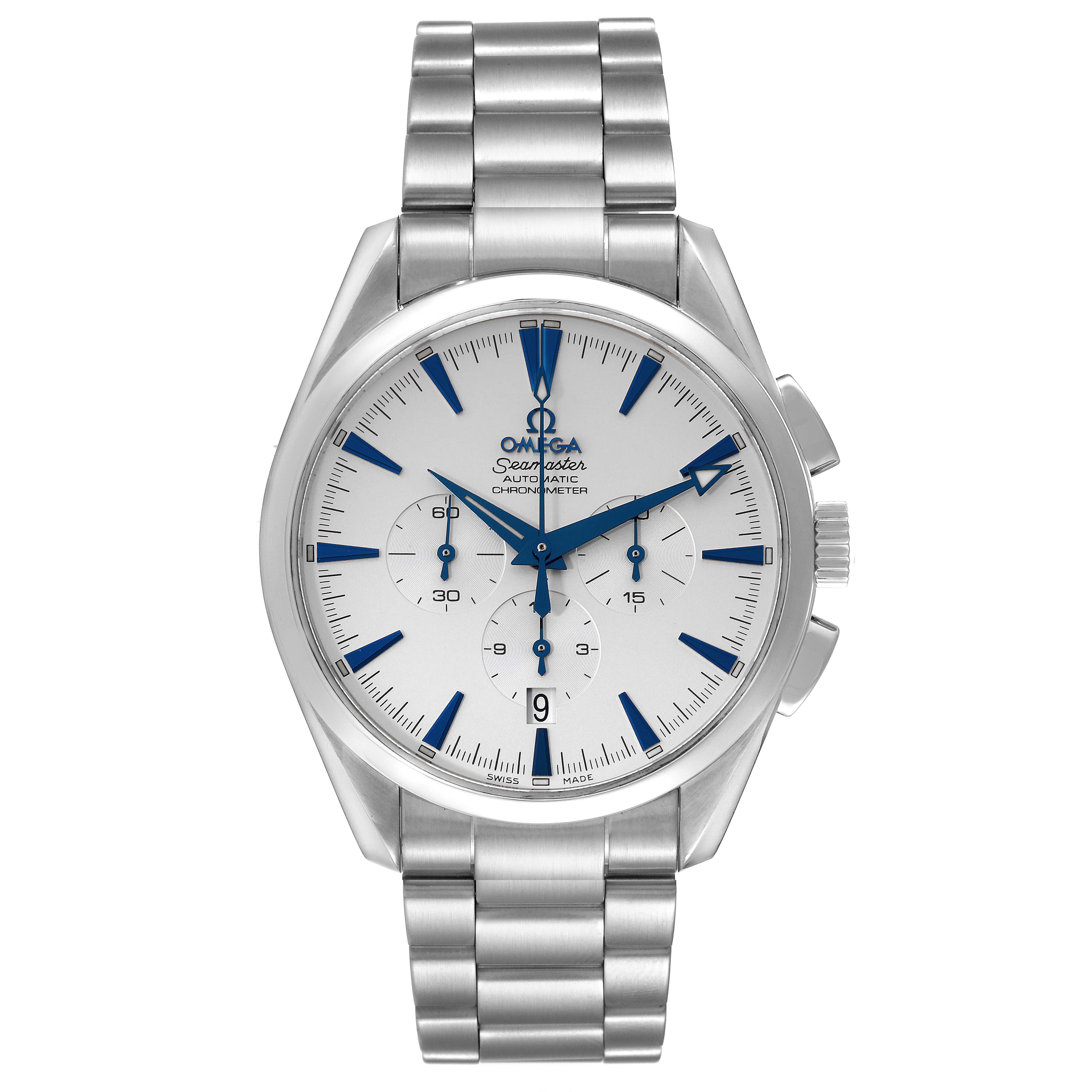 This image shows a front view of the Omega Aqua Terra 2512.30.00 Men's Stainless Steel Silver Dial 2512.30.00 Men's Stainless Steel Silver Dial watch, highlighting its dial, case, and bracelet.