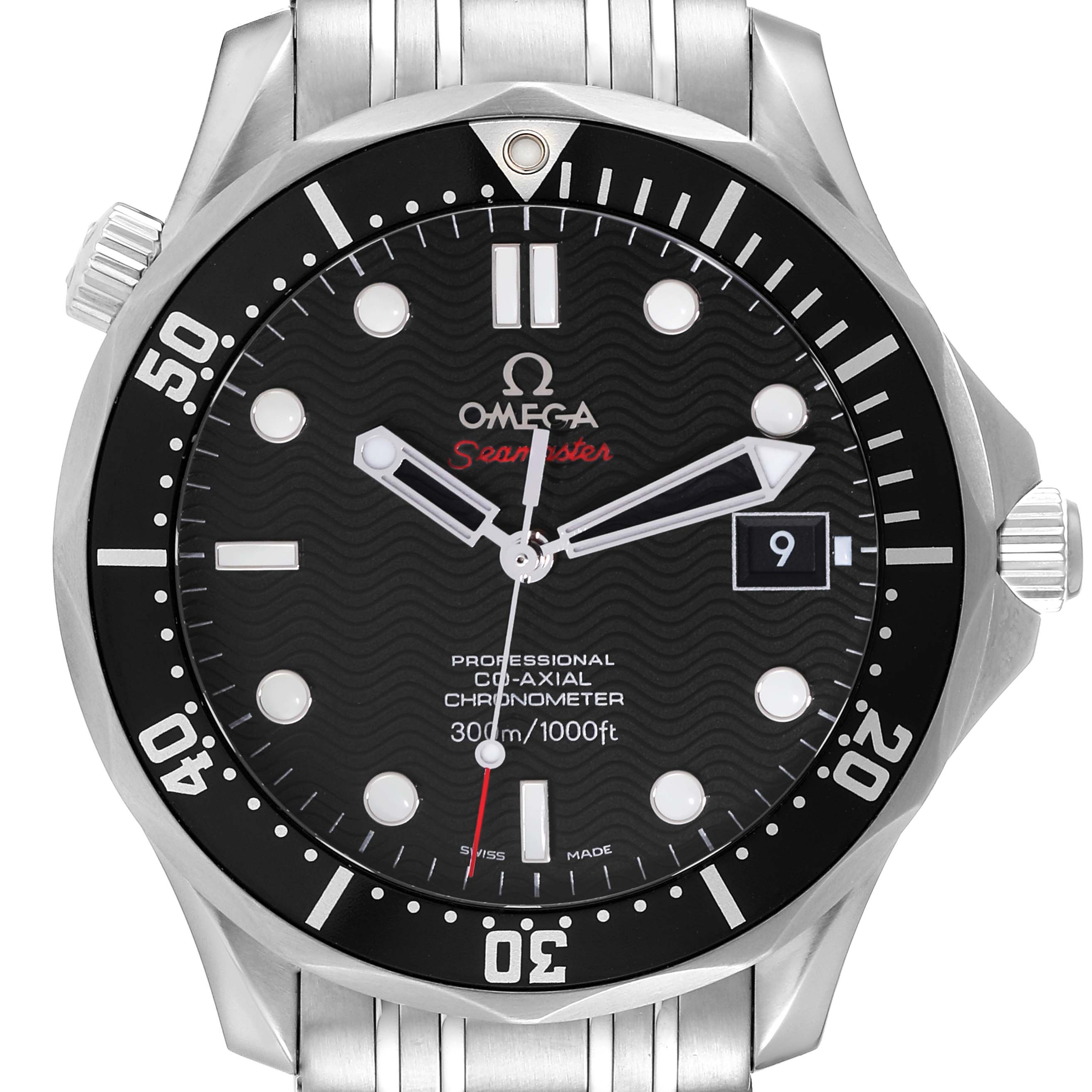 The image shows a front view of an Omega Seamaster 212.30.41.20.01.002 Men's Stainless Steel Black Dial 212.30.41.20.01.002 Men's Stainless Steel Black Dial watch, highlighting the dial, bezel, crown, and part of the strap.
