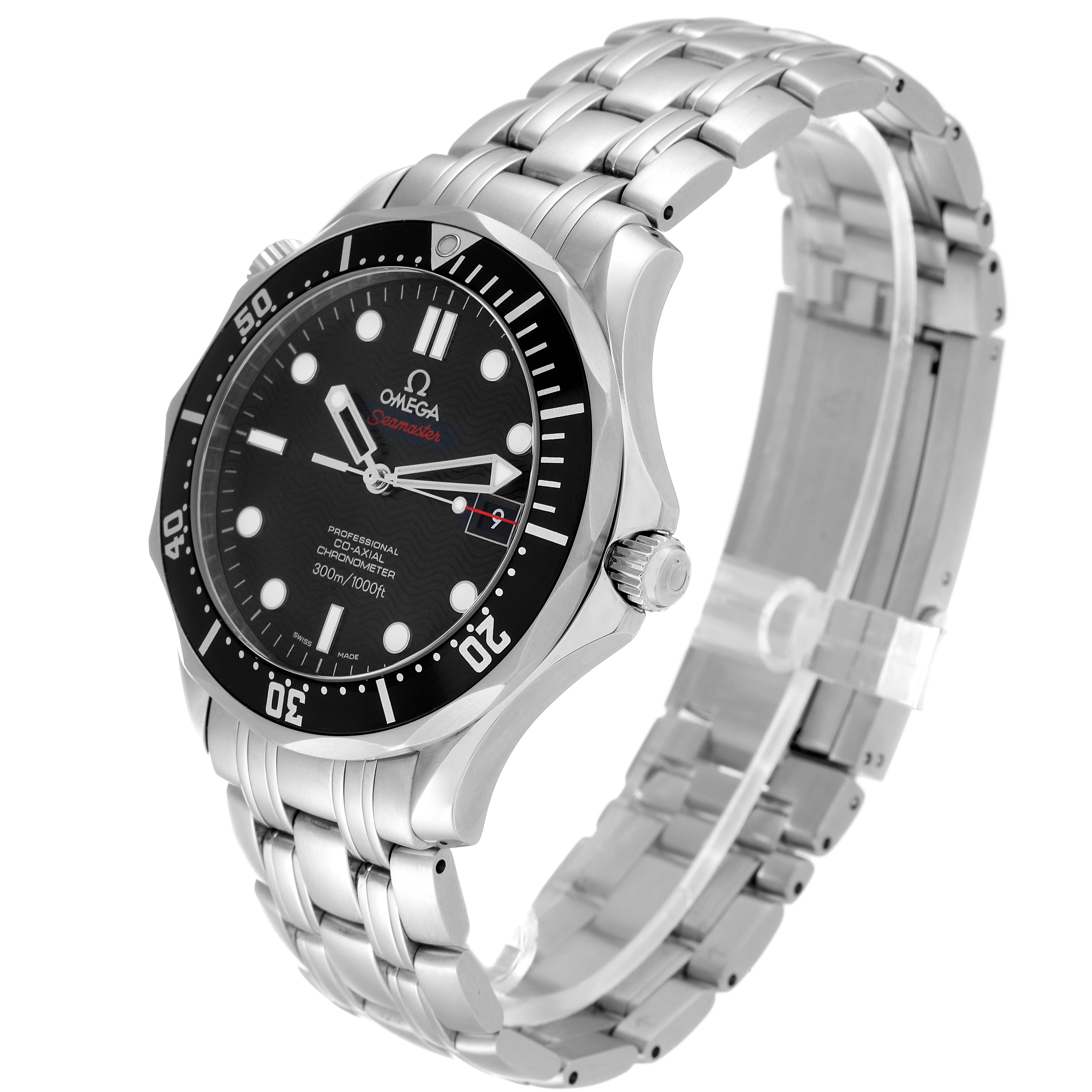 The image shows an angled side view of the Omega Seamaster 212.30.41.20.01.002 Men's Stainless Steel Black Dial 212.30.41.20.01.002 Men's Stainless Steel Black Dial watch, highlighting the watch face, bezel, and stainless steel bracelet.