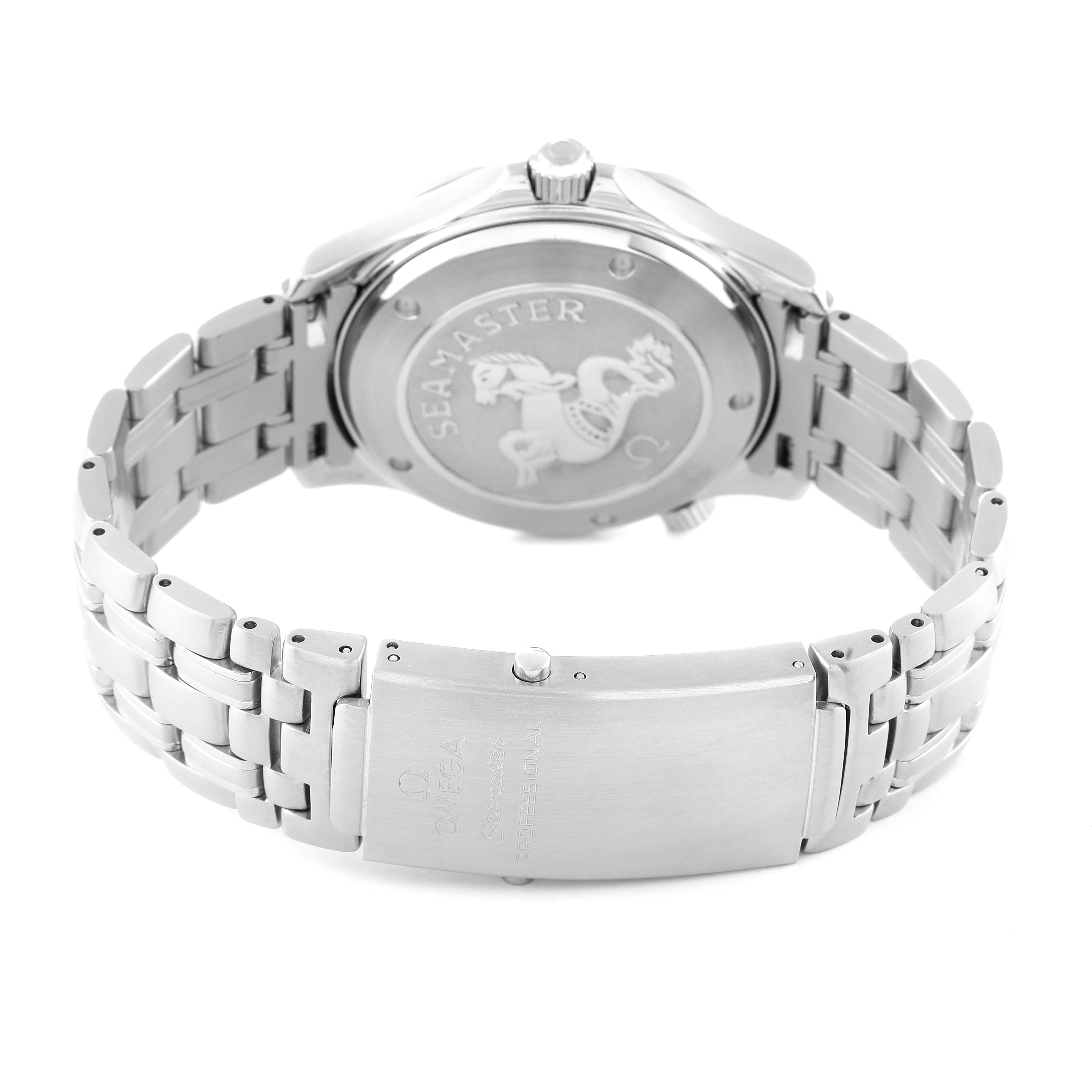 The image shows the back case and bracelet of the Omega Seamaster 212.30.41.20.01.002 Men's Stainless Steel Black Dial 212.30.41.20.01.002 Men's Stainless Steel Black Dial watch from a rear angle.