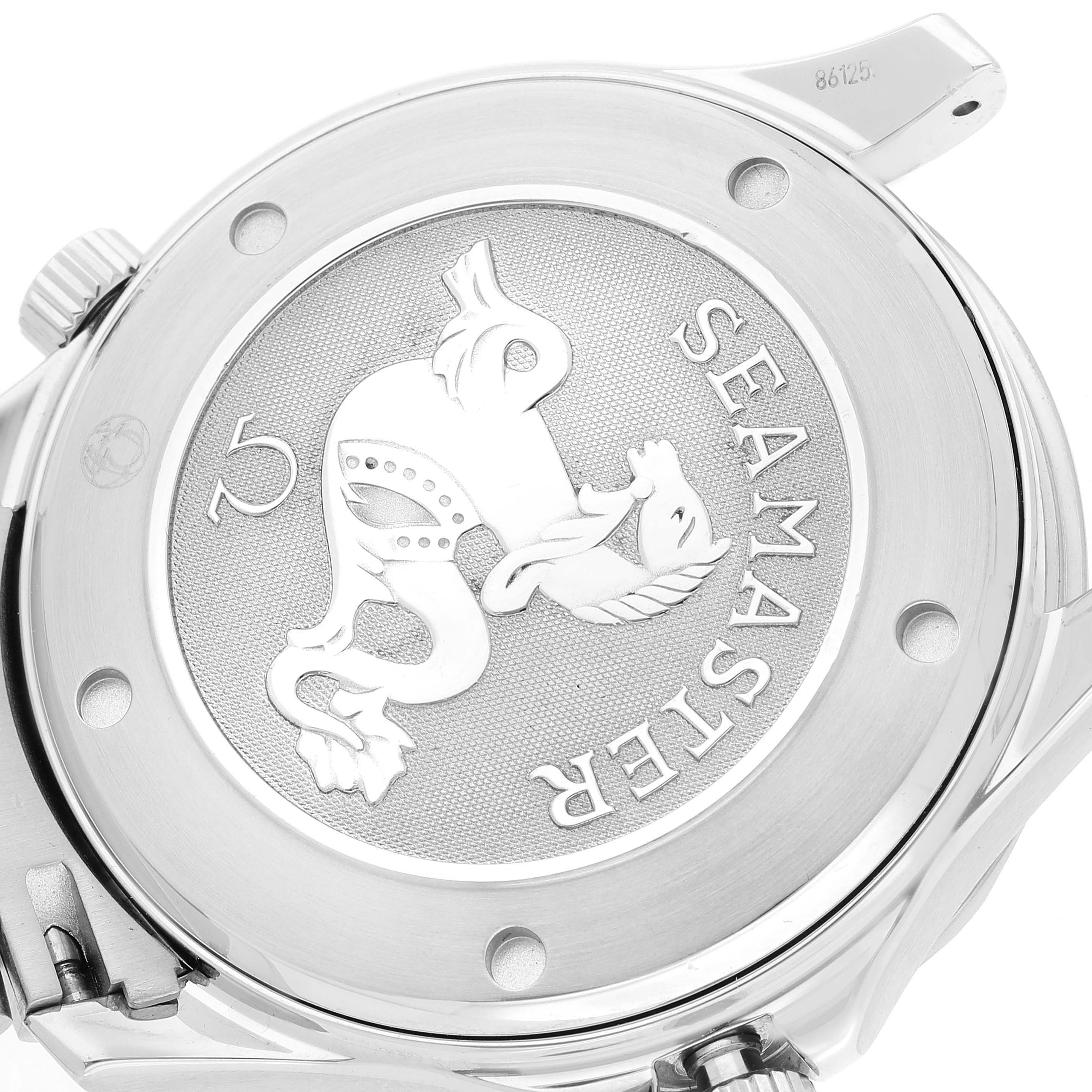 This image shows the back case of the Omega Seamaster 212.30.41.20.01.002 Men's Stainless Steel Black Dial 212.30.41.20.01.002 Men's Stainless Steel Black Dial watch, featuring an engraving of a seahorse and the SEAMASTER text.