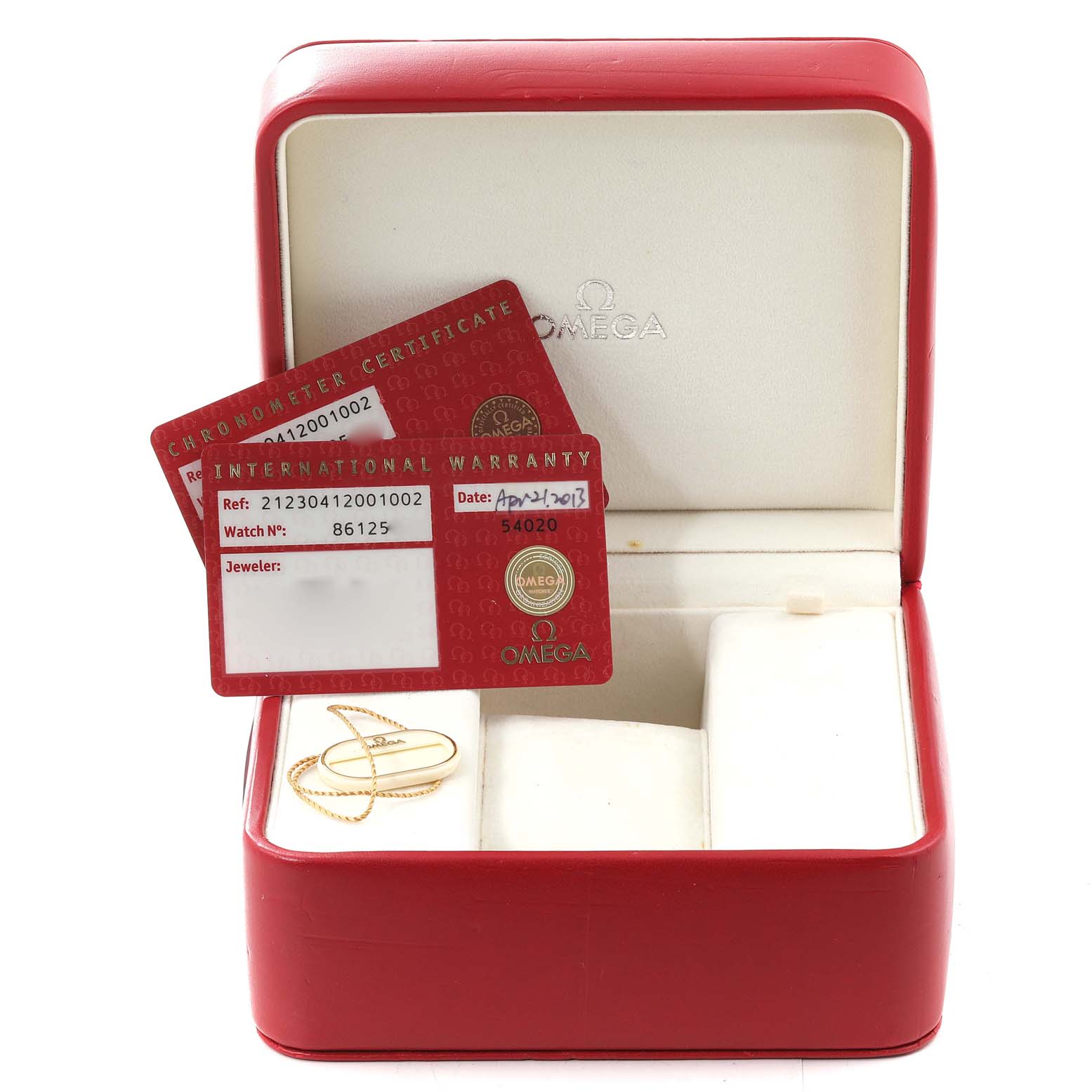 This image shows the empty box for an Omega Seamaster 212.30.41.20.01.002 Men's Stainless Steel Black Dial 212.30.41.20.01.002 Men's Stainless Steel Black Dial watch, along with its warranty cards and a small tool.