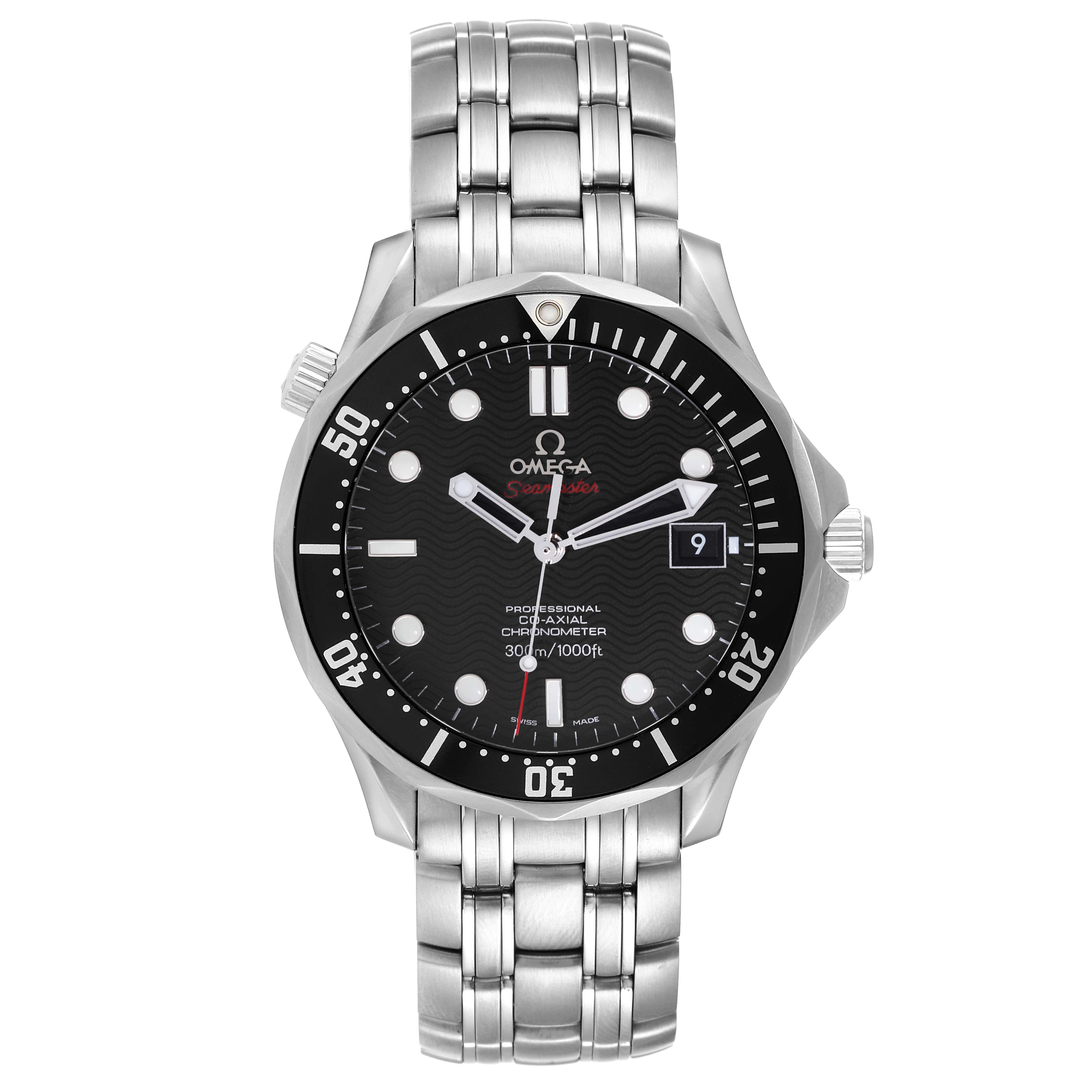 The image shows a front view of the Omega Seamaster 212.30.41.20.01.002 Men's Stainless Steel Black Dial 212.30.41.20.01.002 Men's Stainless Steel Black Dial watch, including the dial and stainless steel bracelet.