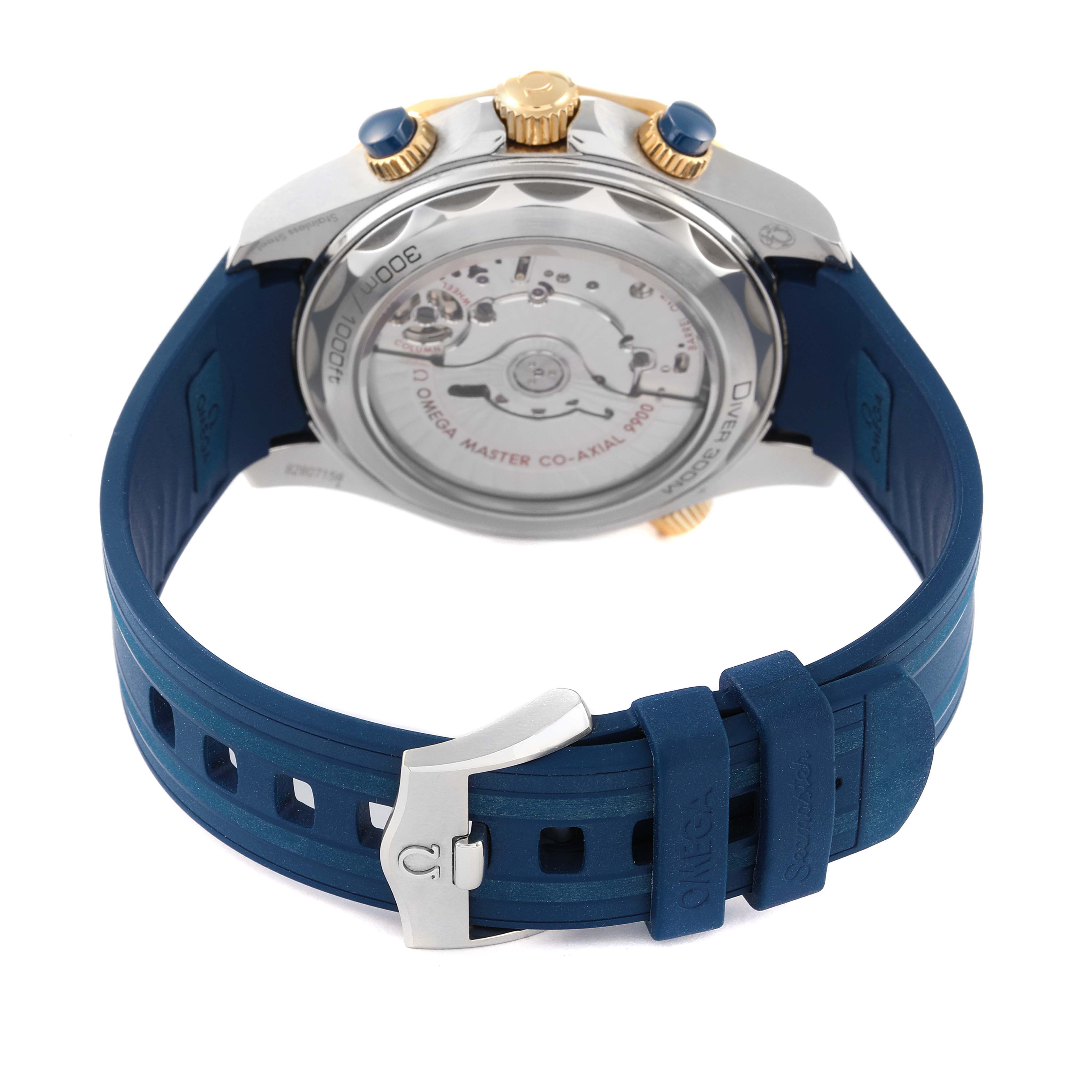 This image shows the back view of an Omega Seamaster 210.22.44.51.03.001 Men's Stainless Steel Blue Dial 210.22.44.51.03.001 Men's Stainless Steel Blue Dial watch, highlighting the see-through case back and blue rubber strap with a clasp.