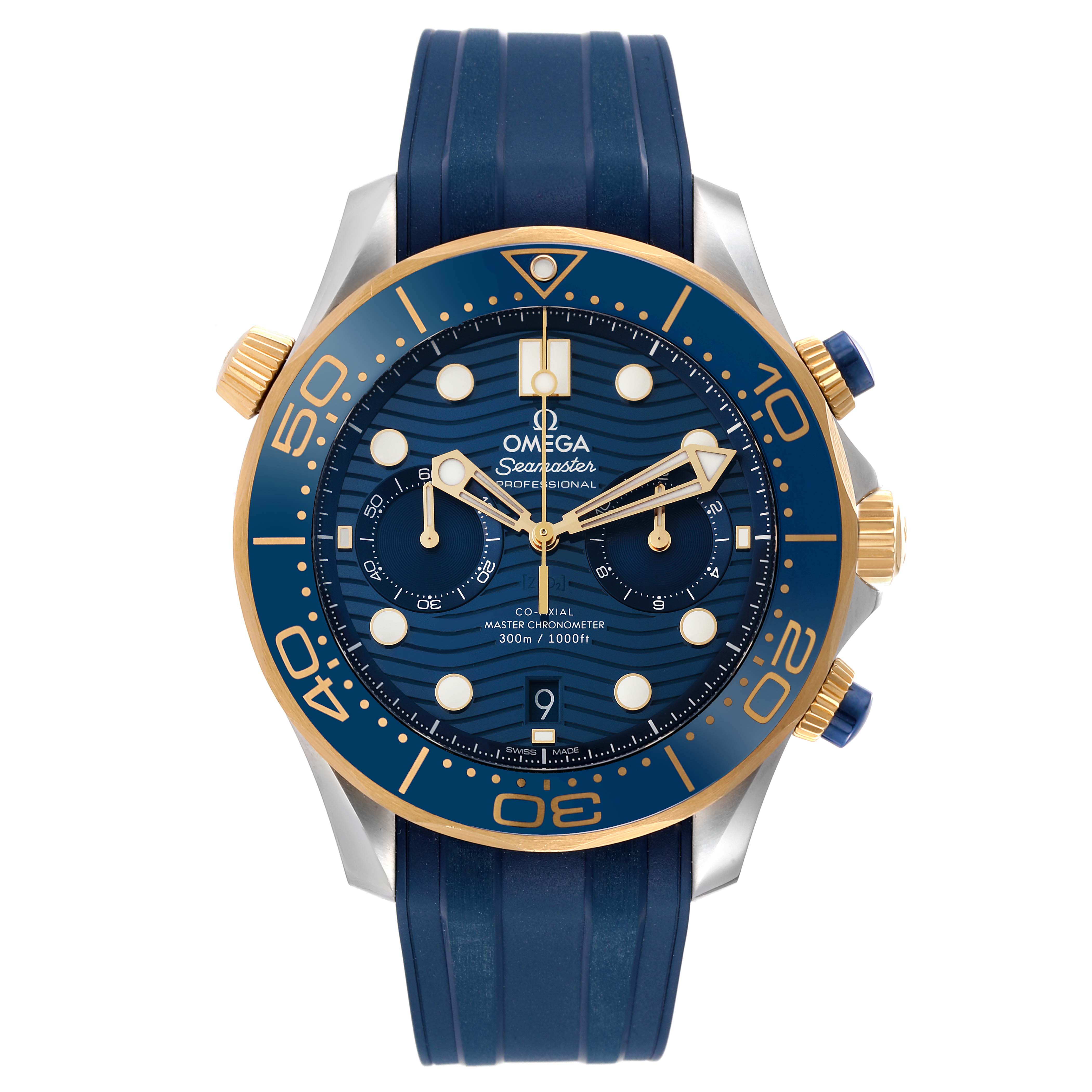 The image shows a front view of an Omega Seamaster 210.22.44.51.03.001 Men's Stainless Steel Blue Dial 210.22.44.51.03.001 Men's Stainless Steel Blue Dial watch, highlighting its case, bezel, dial, and strap.