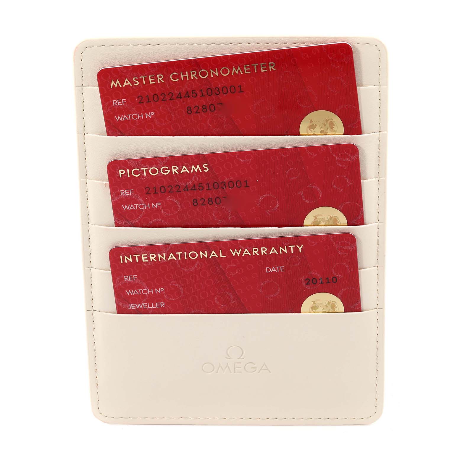 The image shows an Omega Seamaster 210.22.44.51.03.001 Men's Stainless Steel Blue Dial 210.22.44.51.03.001 Men's Stainless Steel Blue Dial watch holder containing Master Chronometer, Pictograms, and International Warranty cards.