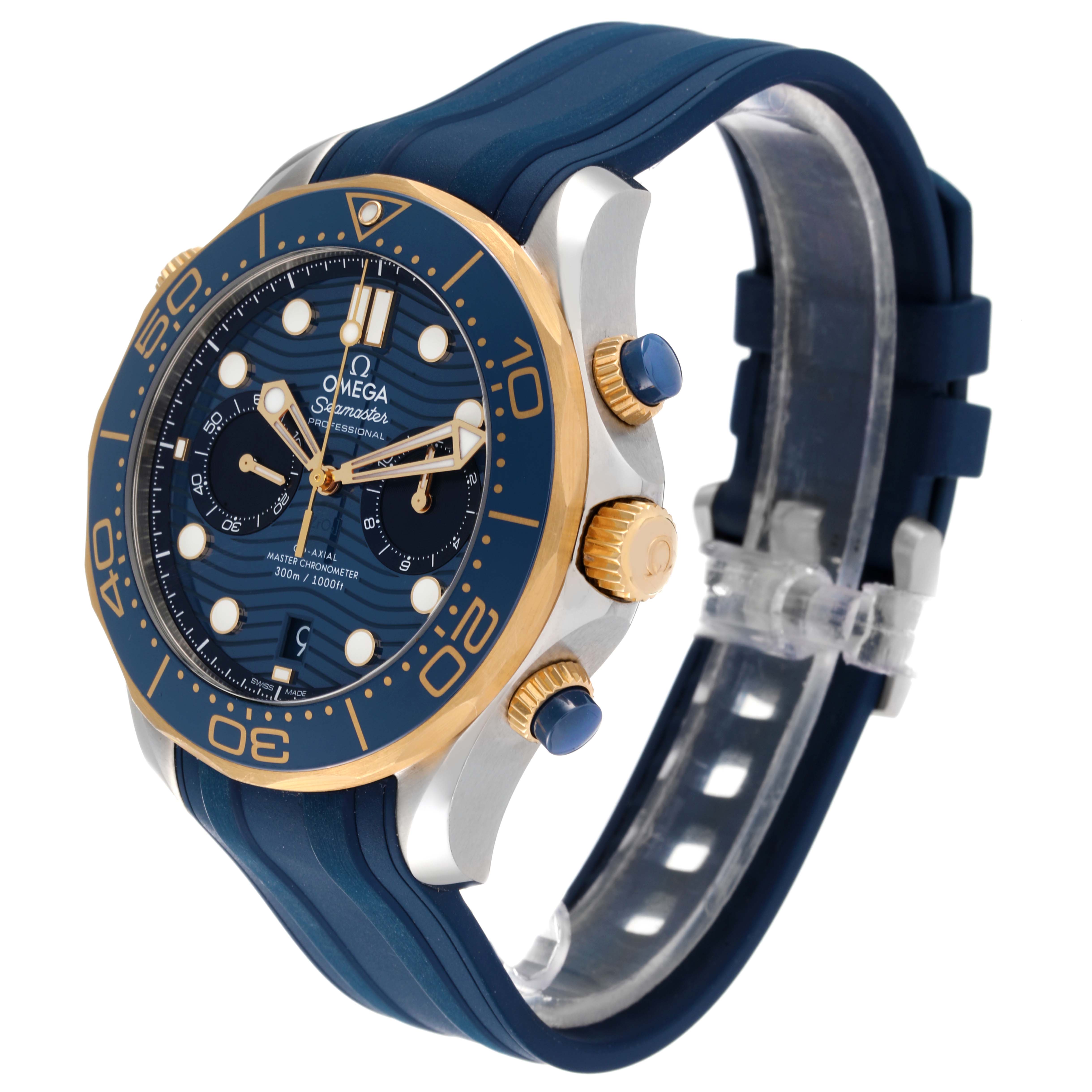 The image shows a diagonal front-side view of an Omega Seamaster 210.22.44.51.03.001 Men's Stainless Steel Blue Dial 210.22.44.51.03.001 Men's Stainless Steel Blue Dial watch, highlighting its dial, bezel, pushers, and strap.