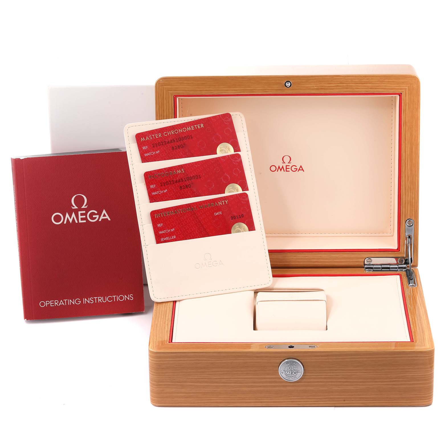 This image shows the packaging for an Omega Seamaster 210.22.44.51.03.001 Men's Stainless Steel Blue Dial 210.22.44.51.03.001 Men's Stainless Steel Blue Dial watch, including a wooden box, manuals, and cards.