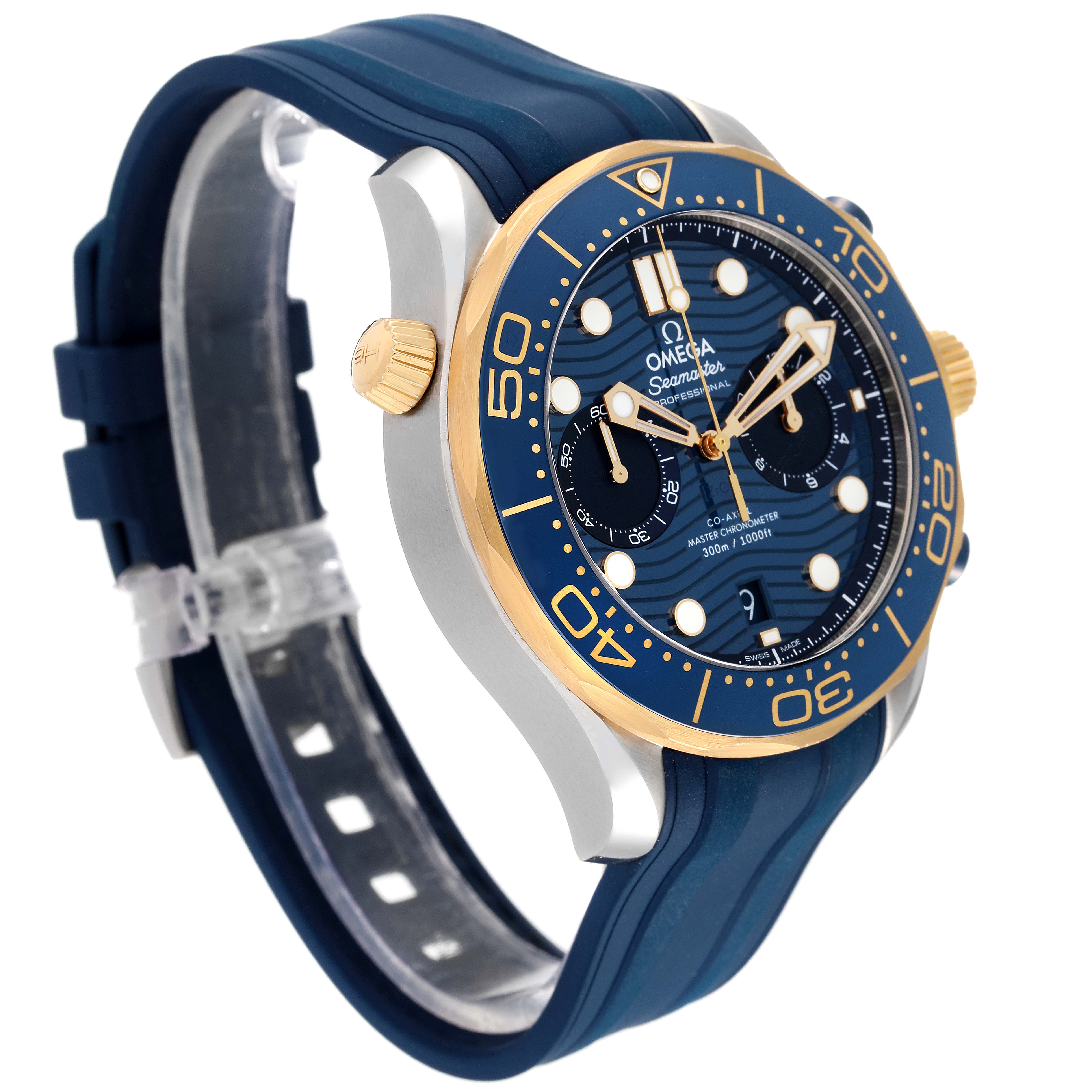 This image shows an Omega Seamaster 210.22.44.51.03.001 Men's Stainless Steel Blue Dial 210.22.44.51.03.001 Men's Stainless Steel Blue Dial watch at a three-quarter angle, highlighting its dial, bezel, and strap.
