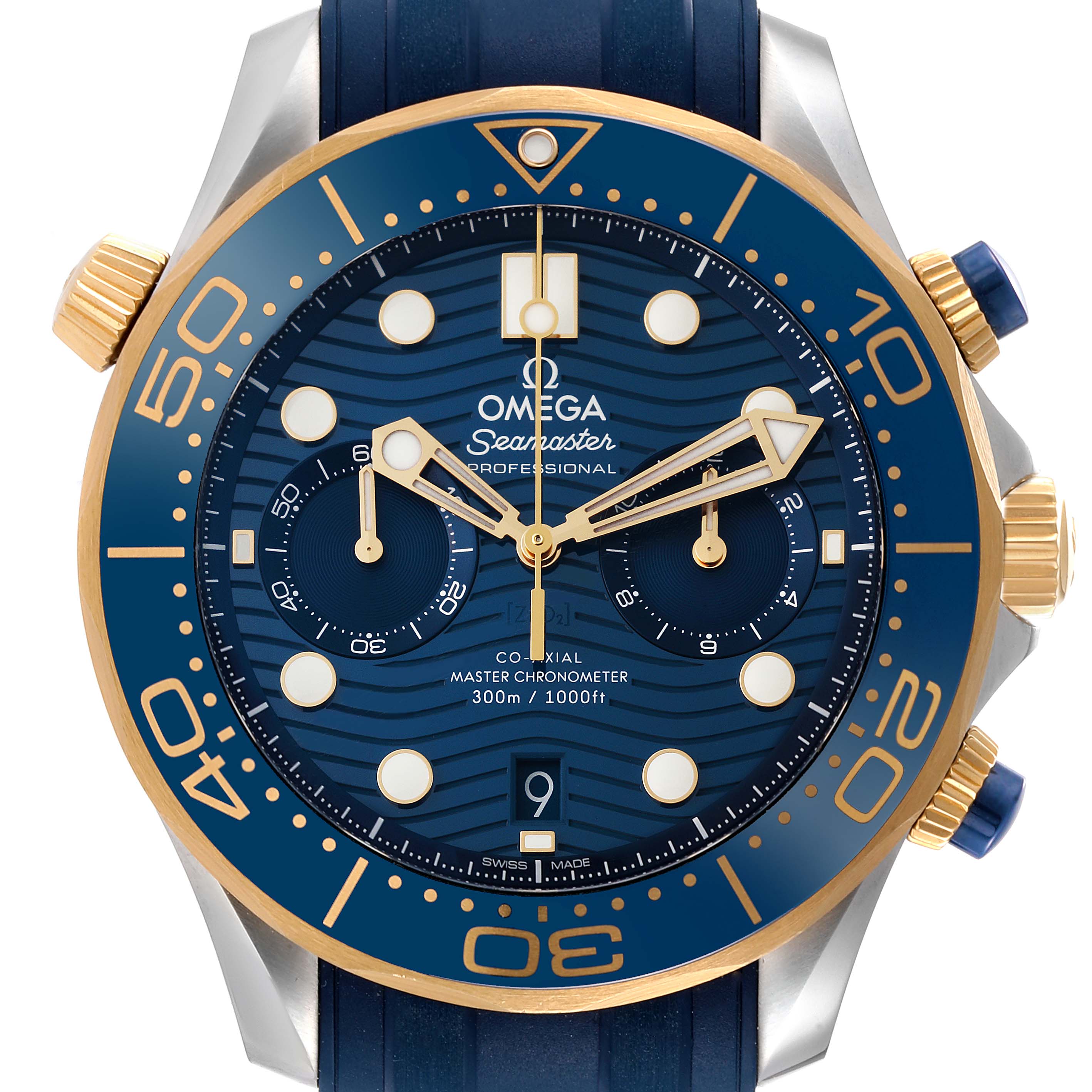 The image shows a frontal view of an Omega Seamaster 210.22.44.51.03.001 Men's Stainless Steel Blue Dial 210.22.44.51.03.001 Men's Stainless Steel Blue Dial watch, highlighting the dial, bezel, and pushers.