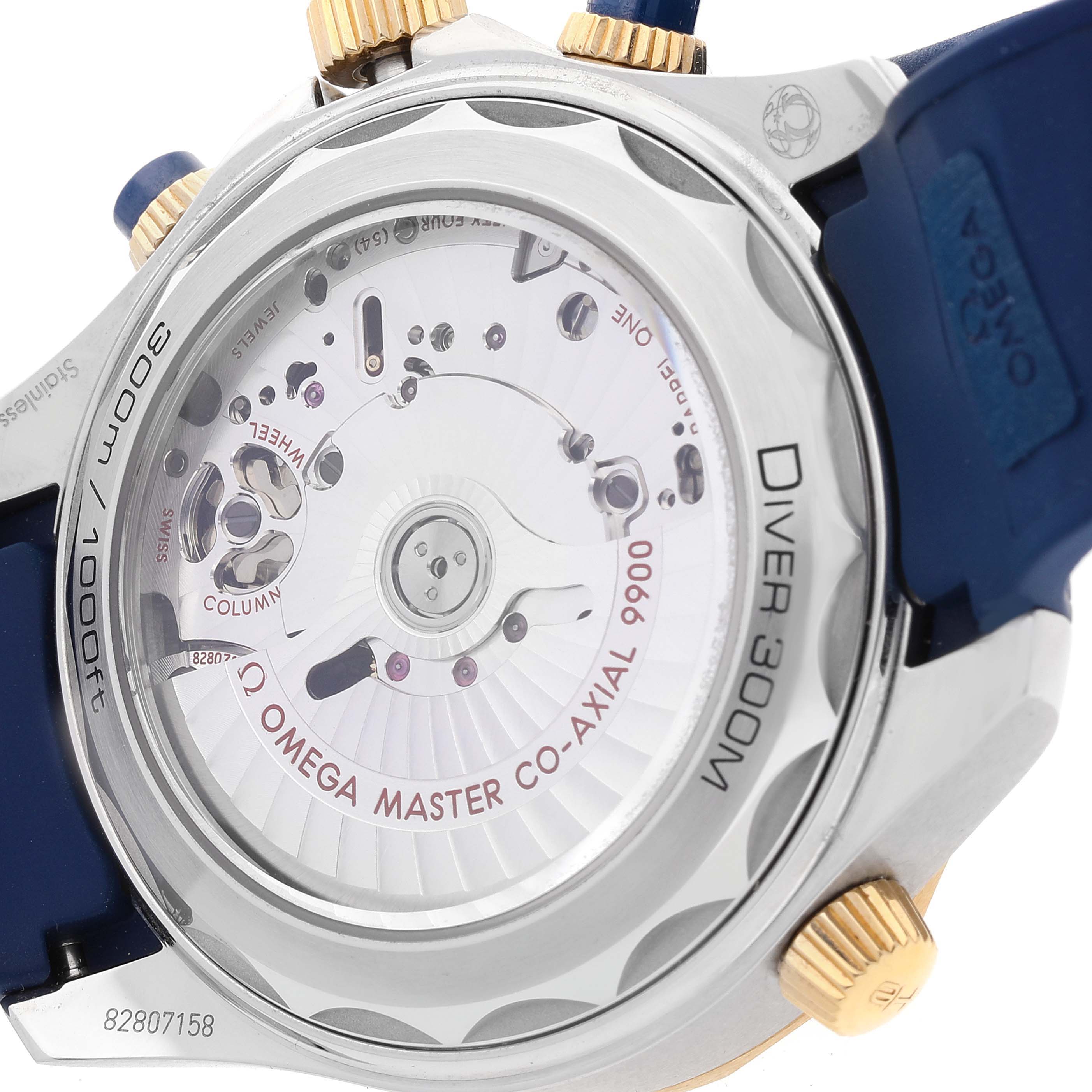 The image shows the back side of the Omega Seamaster 210.22.44.51.03.001 Men's Stainless Steel Blue Dial 210.22.44.51.03.001 Men's Stainless Steel Blue Dial Diver 300M, highlighting its movement and inscriptions.