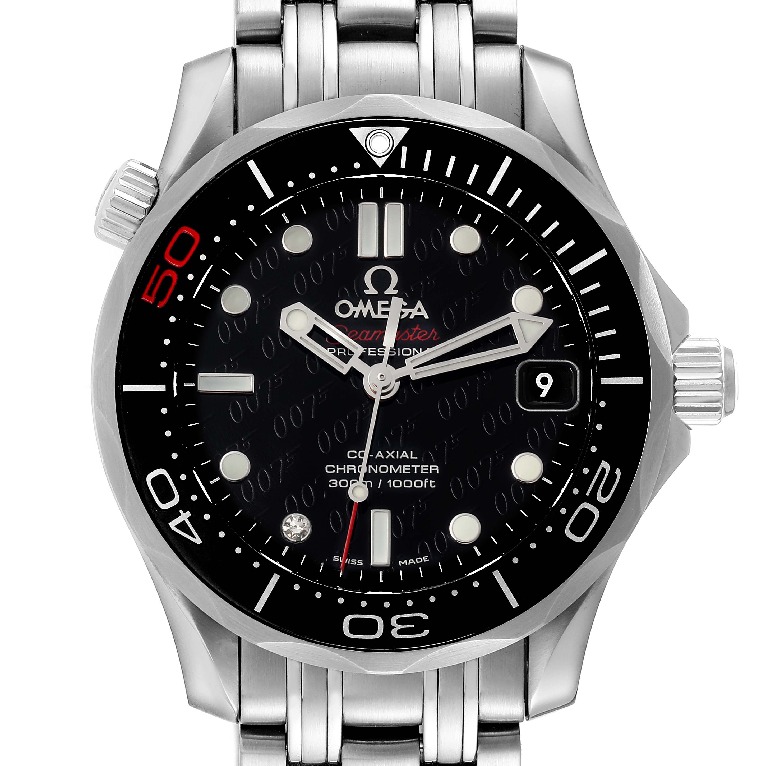 The image shows a front view of an Omega Seamaster 212.30.36.20.51.001 Men's Stainless Steel Black Dial 212.30.36.20.51.001 Men's Stainless Steel Black Dial watch, highlighting its dial, hands, crown, and bracelet.