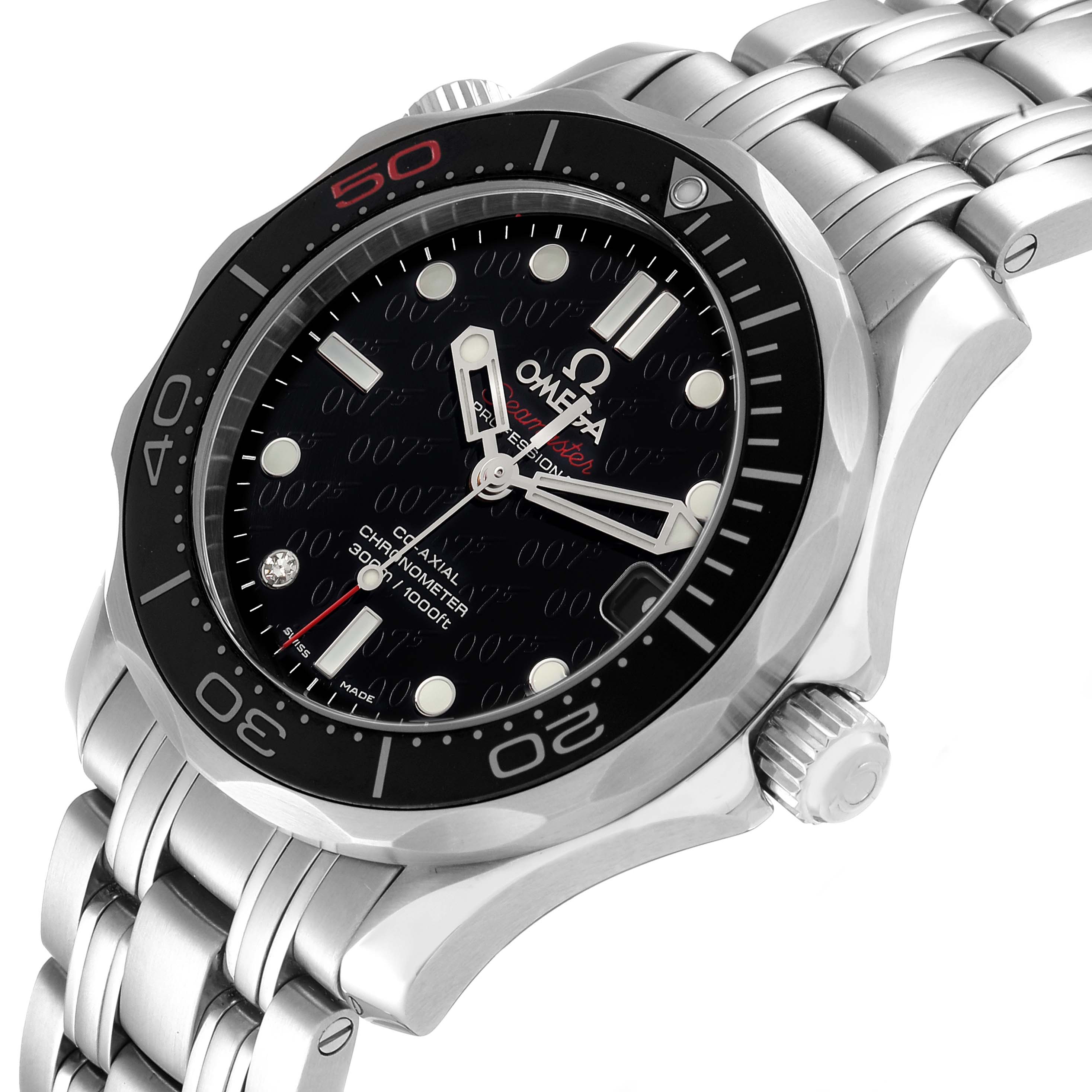 The Omega Seamaster 212.30.36.20.51.001 Men's Stainless Steel Black Dial 212.30.36.20.51.001 Men's Stainless Steel Black Dial watch is shown at a slight angle, highlighting its black dial, bezel, and stainless steel bracelet.