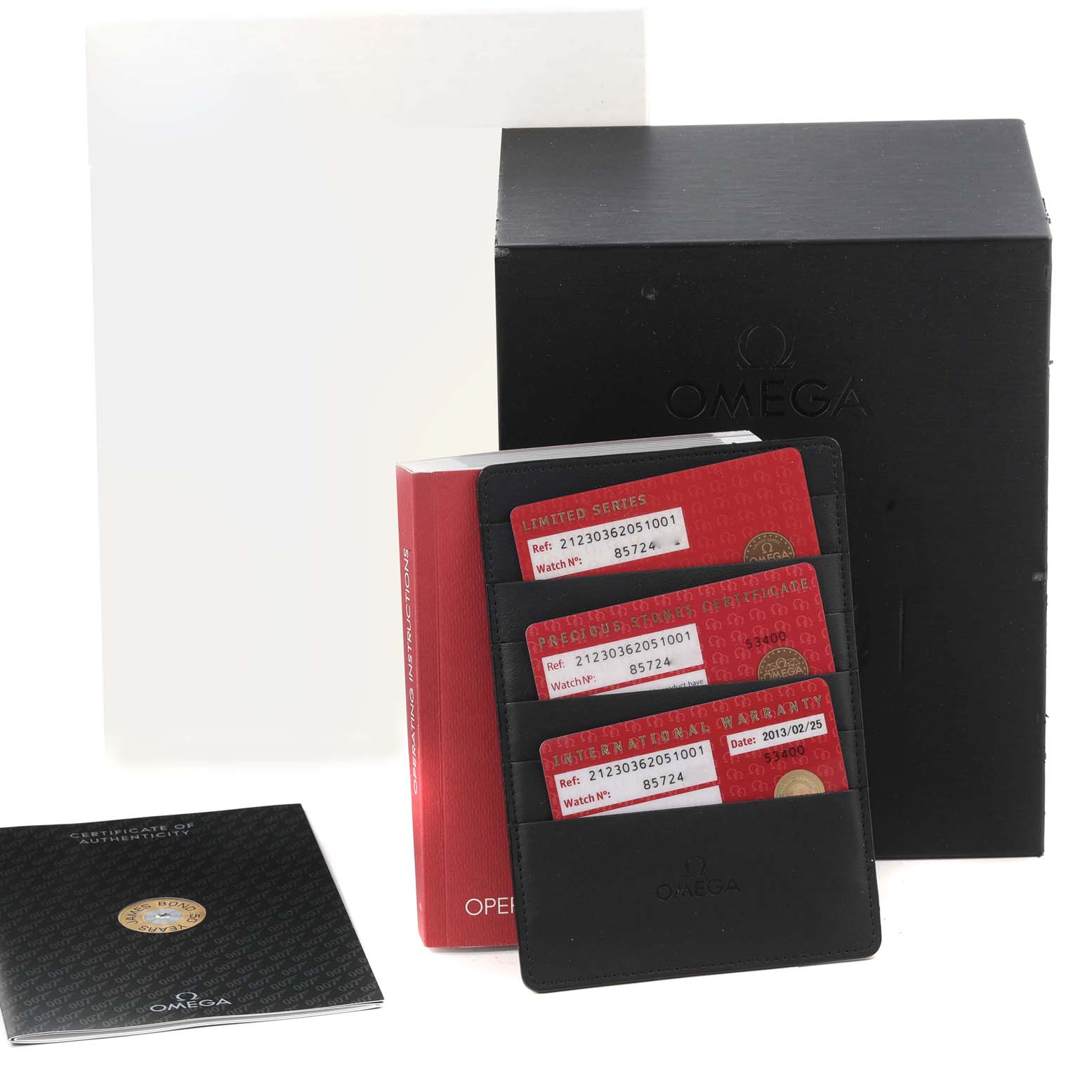 The image shows the packaging, warranty cards, and certificate of authenticity for an Omega Seamaster 212.30.36.20.51.001 Men's Stainless Steel Black Dial 212.30.36.20.51.001 Men's Stainless Steel Black Dial watch, but not the watch itself.