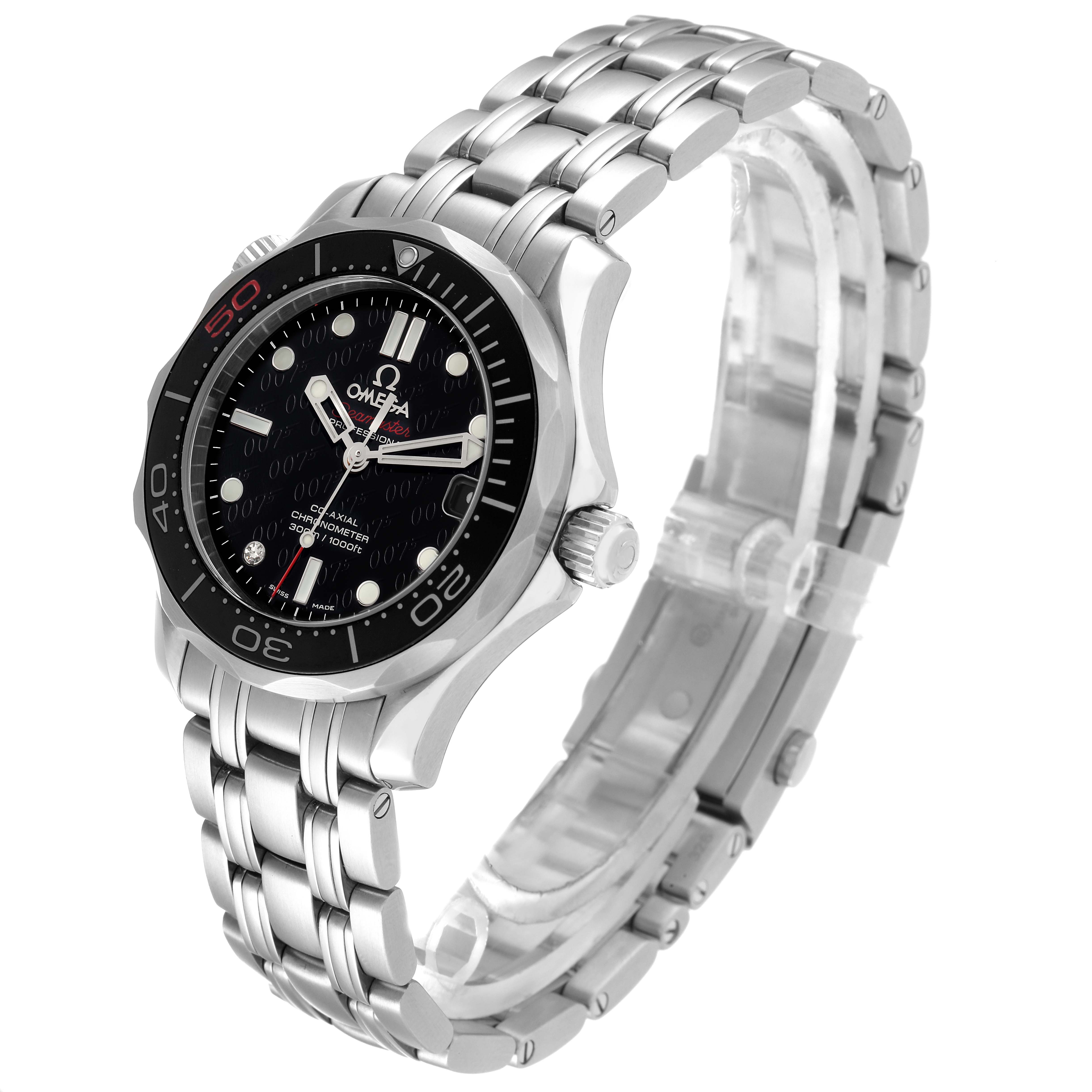 The image shows a side angle view of the Omega Seamaster 212.30.36.20.51.001 Men's Stainless Steel Black Dial 212.30.36.20.51.001 Men's Stainless Steel Black Dial watch, highlighting its face, bezel, and metal bracelet.