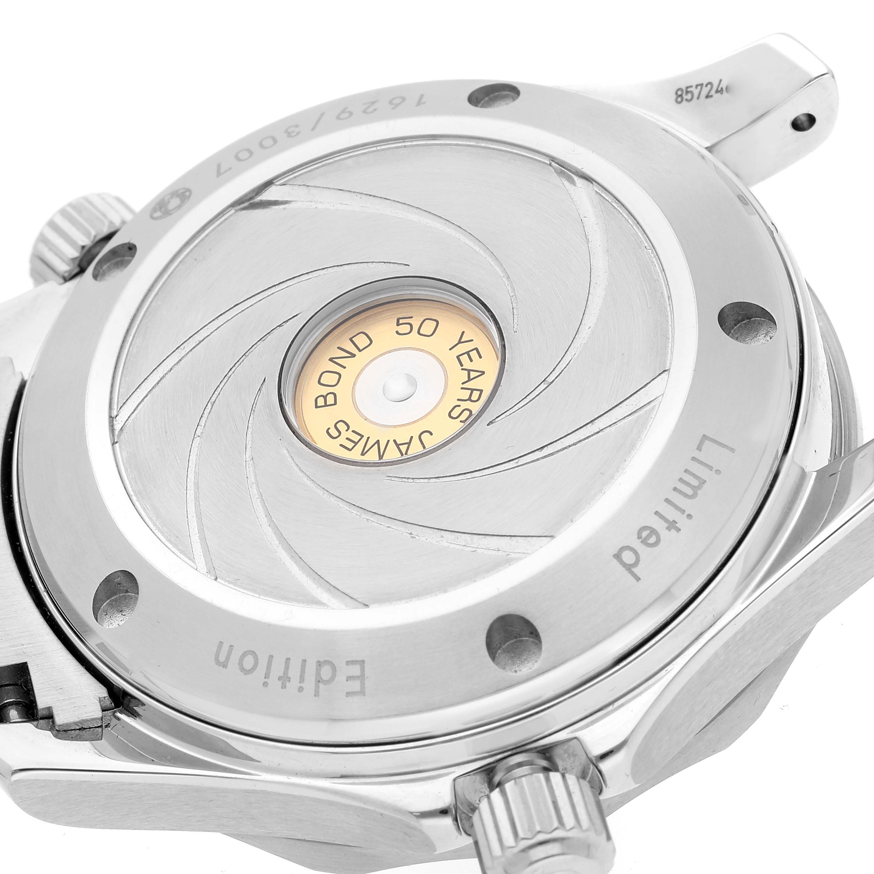 This image shows the case back of an Omega Seamaster 212.30.36.20.51.001 Men's Stainless Steel Black Dial 212.30.36.20.51.001 Men's Stainless Steel Black Dial watch, highlighting the "Limited Edition" and "James Bond 50 Years" engravings.