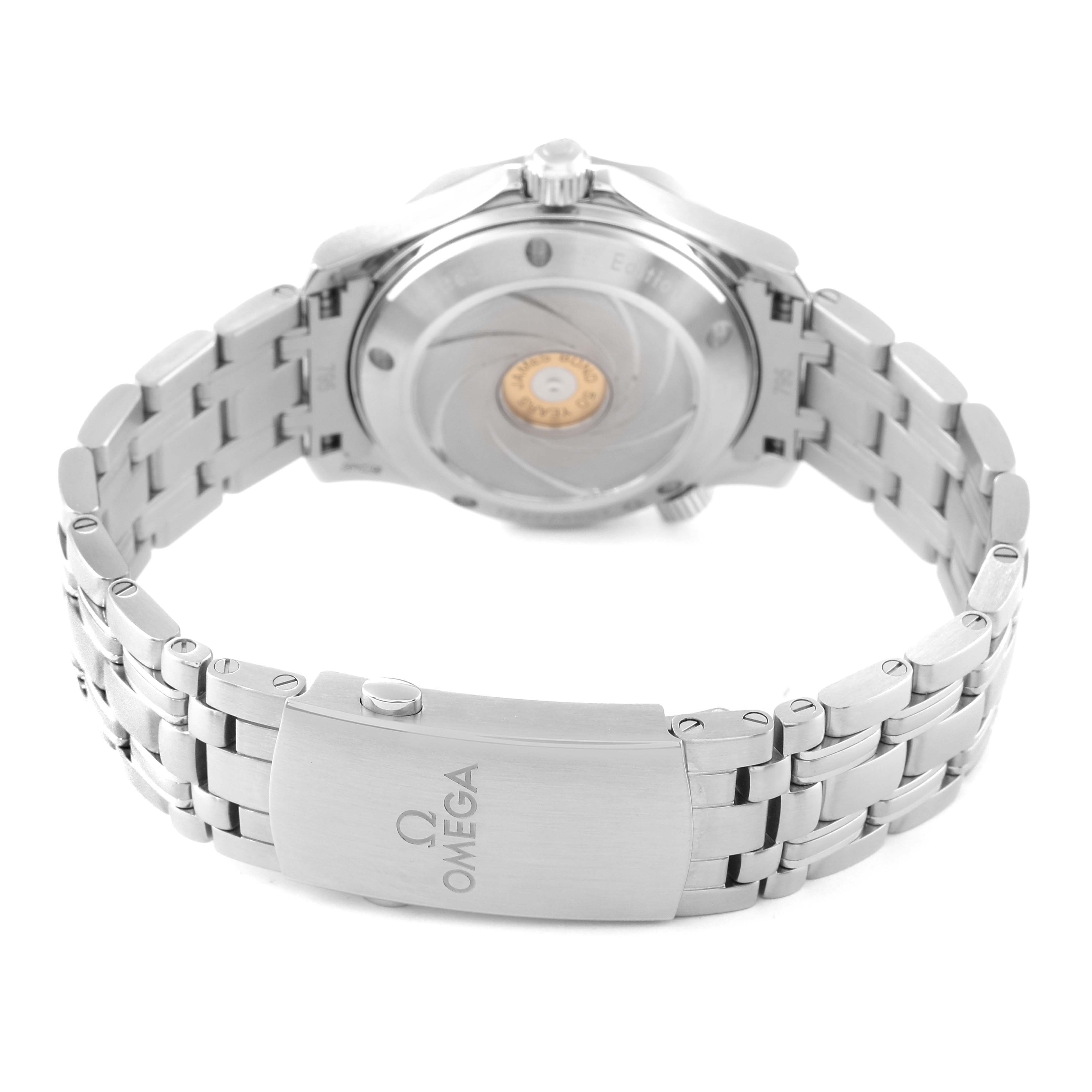 This image shows the back and bracelet of an Omega Seamaster 212.30.36.20.51.001 Men's Stainless Steel Black Dial 212.30.36.20.51.001 Men's Stainless Steel Black Dial watch, highlighting the clasp and transparent case back.