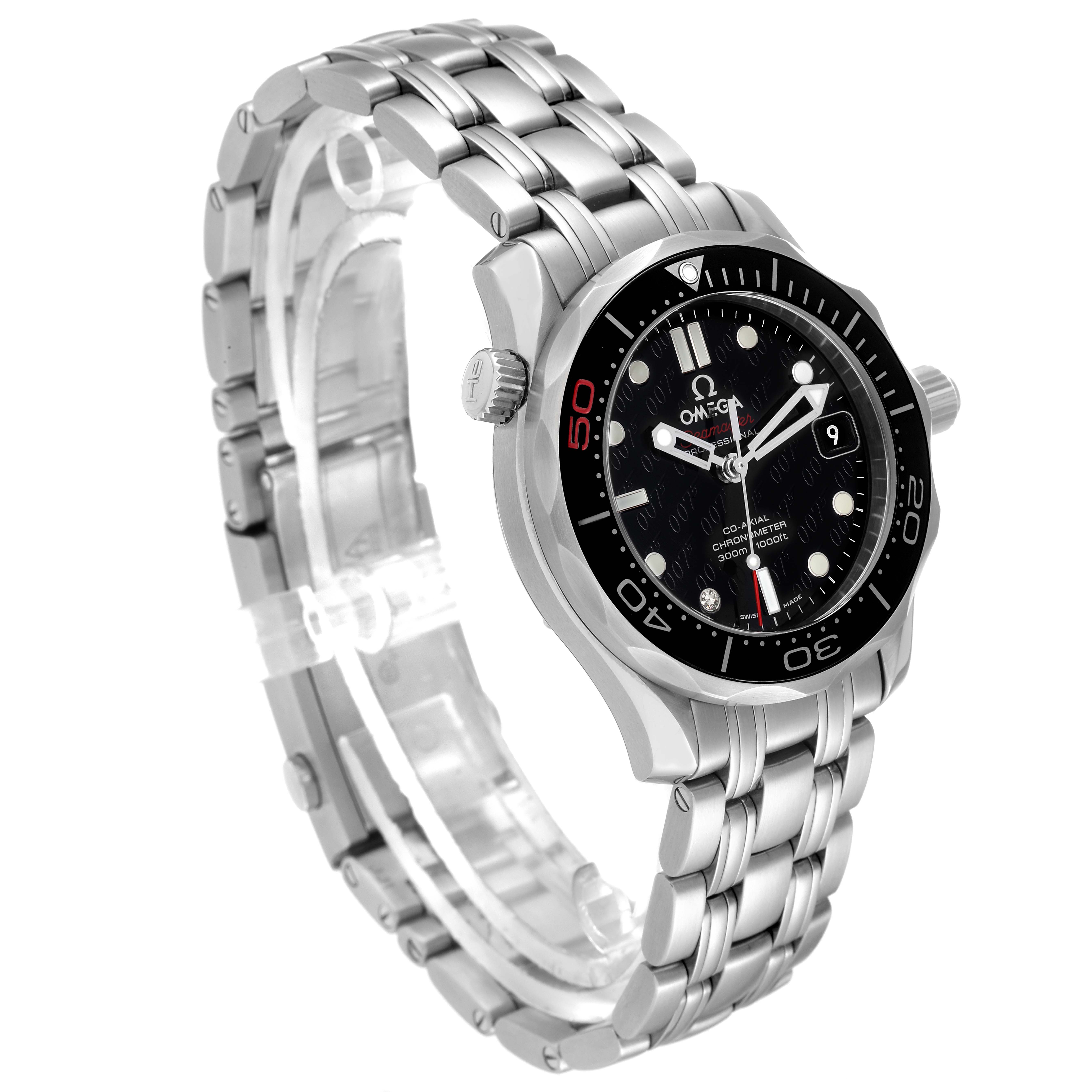 The Omega Seamaster 212.30.36.20.51.001 Men's Stainless Steel Black Dial 212.30.36.20.51.001 Men's Stainless Steel Black Dial watch is displayed at a 3/4 angle, showcasing the face, bezel, crown, and steel bracelet.