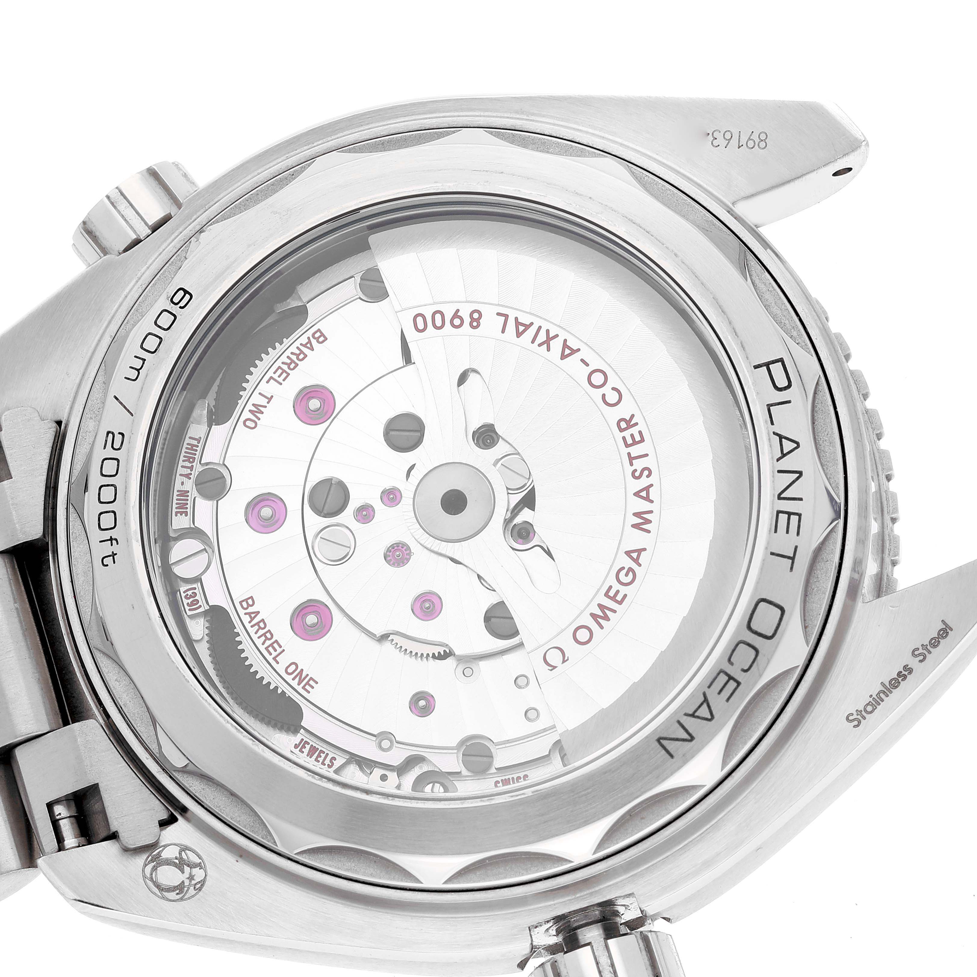 This image shows the back of the Omega Planet Ocean 215.30.44.21.01.001 Men
s Stainless Steel Black Dial 215.30.44.21.01.001 Men
s Stainless Steel Black Dial watch, displaying the inner mechanical movement through the transparent case back.