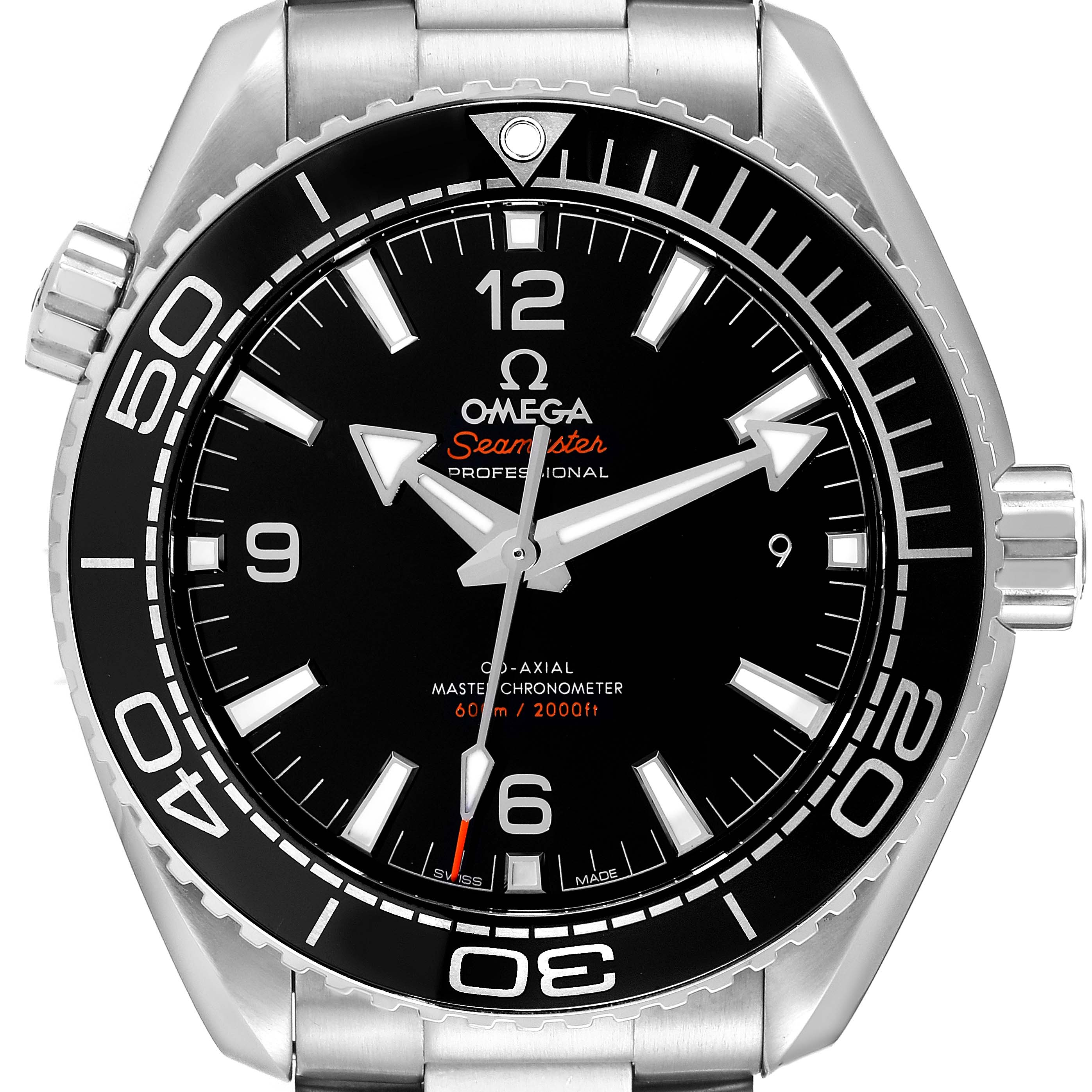 This image displays a front view of the Omega Planet Ocean 215.30.44.21.01.001 Men
s Stainless Steel Black Dial 215.30.44.21.01.001 Men
s Stainless Steel Black Dial model, showcasing the dial, bezel, and crown.