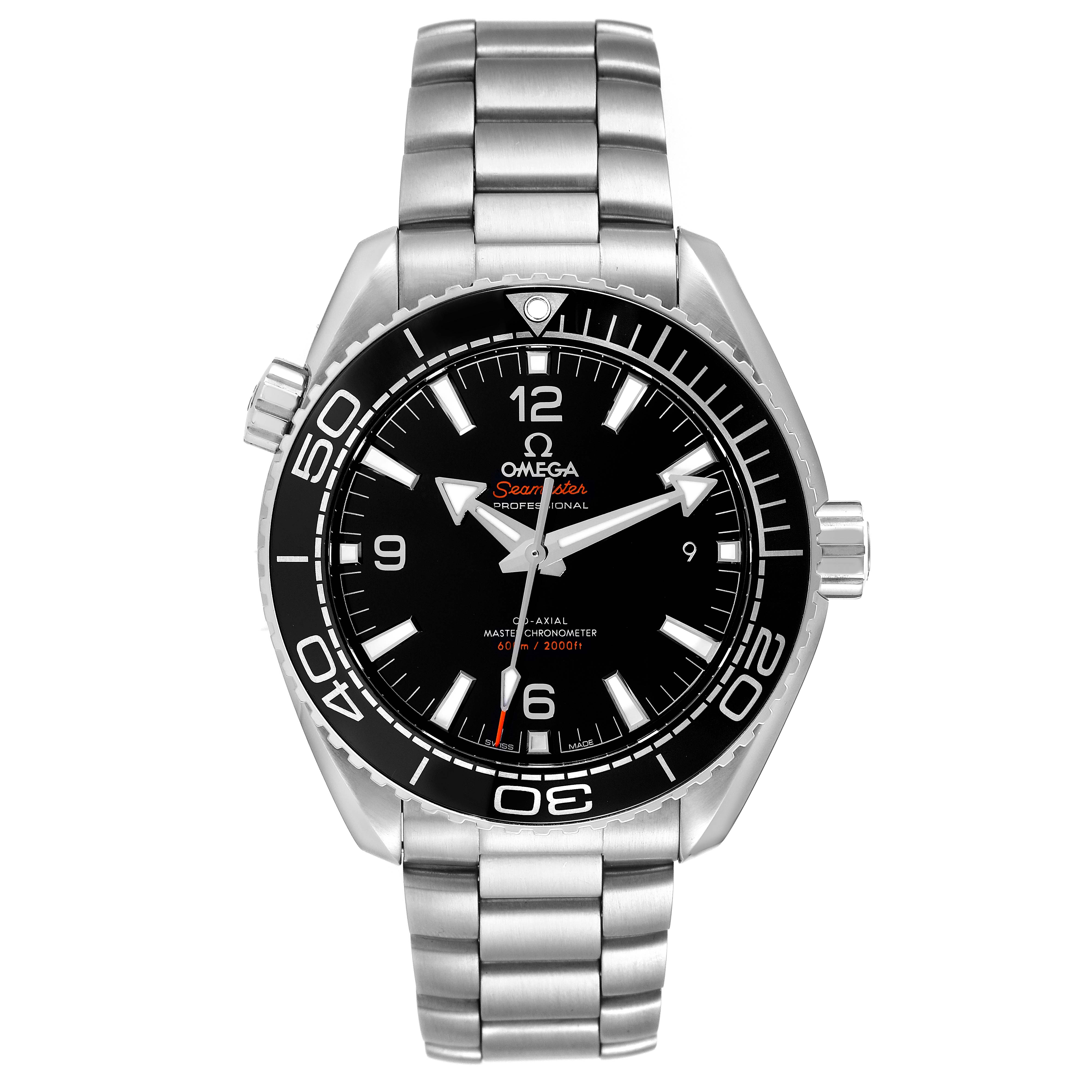 The image shows a front view of the Omega Planet Ocean 215.30.44.21.01.001 Men
s Stainless Steel Black Dial 215.30.44.21.01.001 Men
s Stainless Steel Black Dial watch, featuring its dial, bezel, case, and stainless steel bracelet.