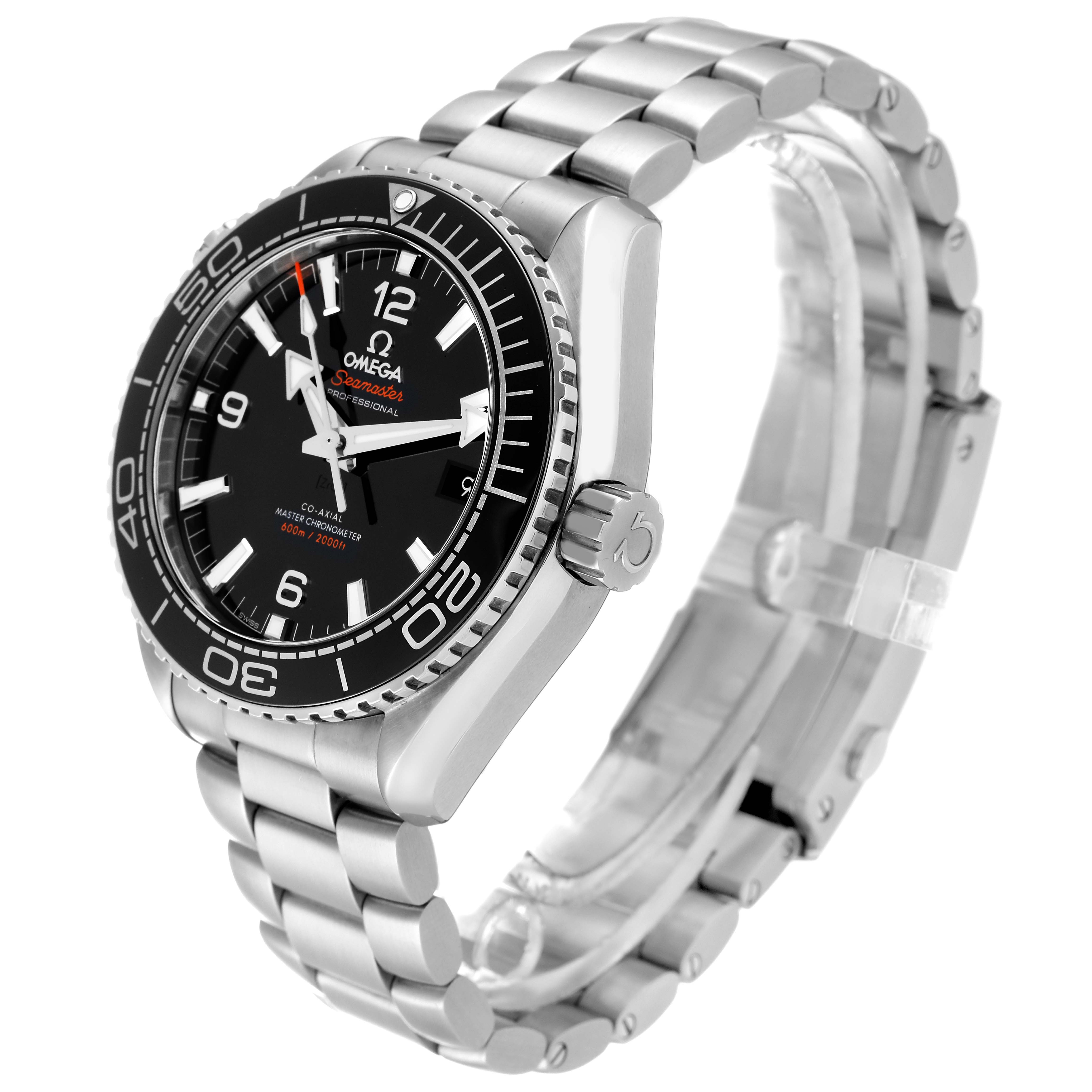 The Omega Planet Ocean 215.30.44.21.01.001 Men
s Stainless Steel Black Dial 215.30.44.21.01.001 Men
s Stainless Steel Black Dial watch is shown at a three-quarter angle, displaying the face, bezel, crown, and part of the bracelet.