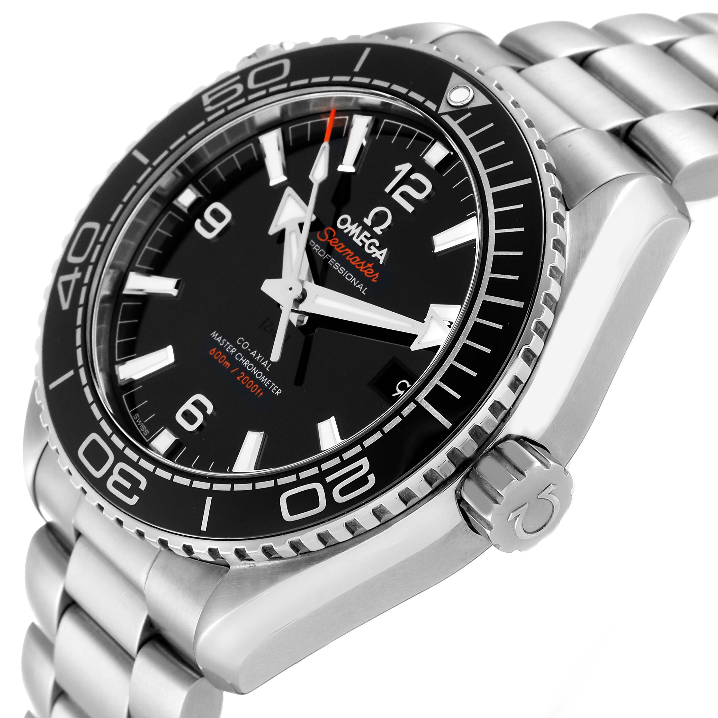 The Omega Planet Ocean 215.30.44.21.01.001 Men
s Stainless Steel Black Dial 215.30.44.21.01.001 Men
s Stainless Steel Black Dial watch is shown from a three-quarter angle highlighting the bezel, crown, and part of the bracelet.