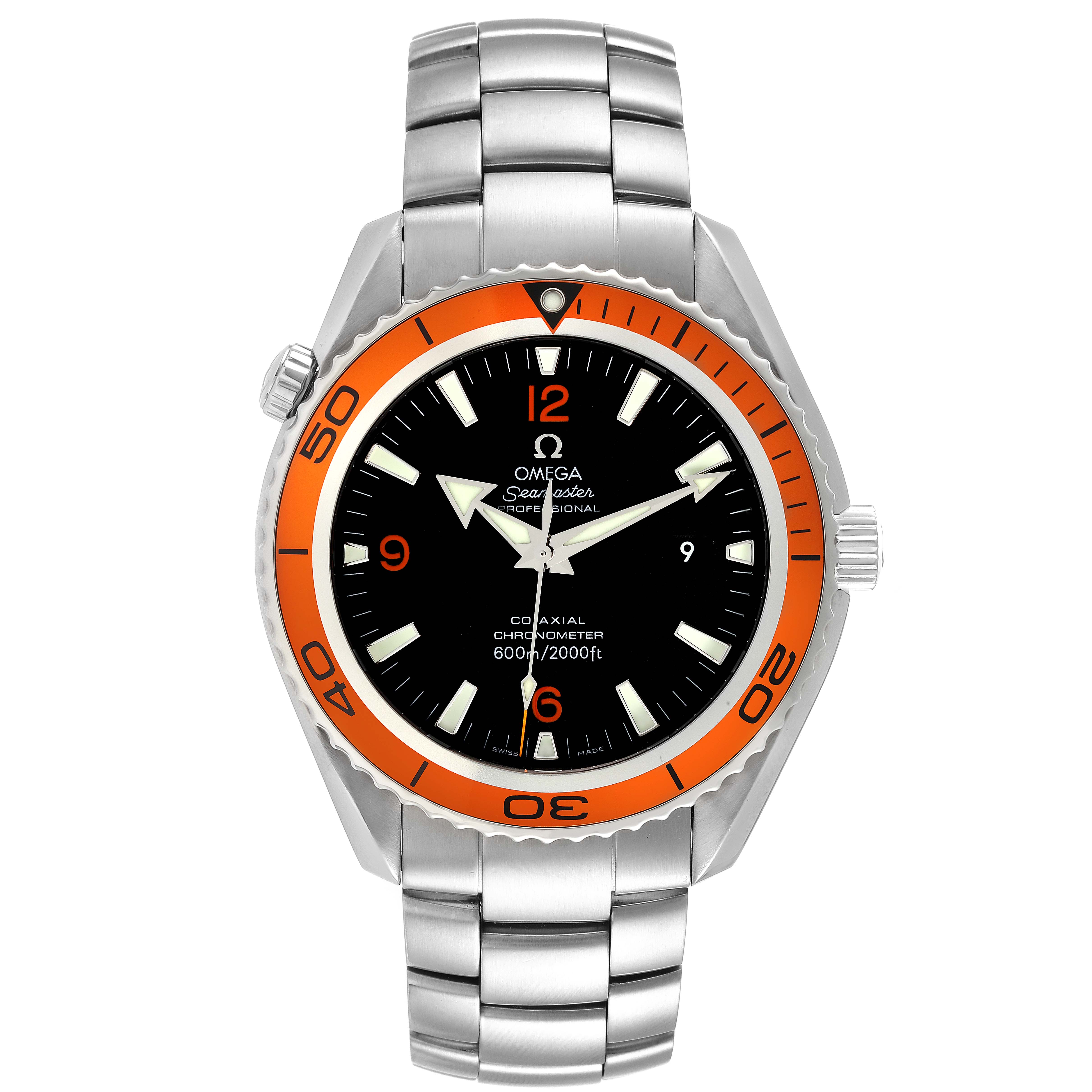 The image shows a front view of the Omega Planet Ocean 2208.50.00 Men
s Stainless Steel Black Dial 2208.50.00 Men
s Stainless Steel Black Dial watch, featuring its orange bezel, black dial, and stainless steel bracelet.