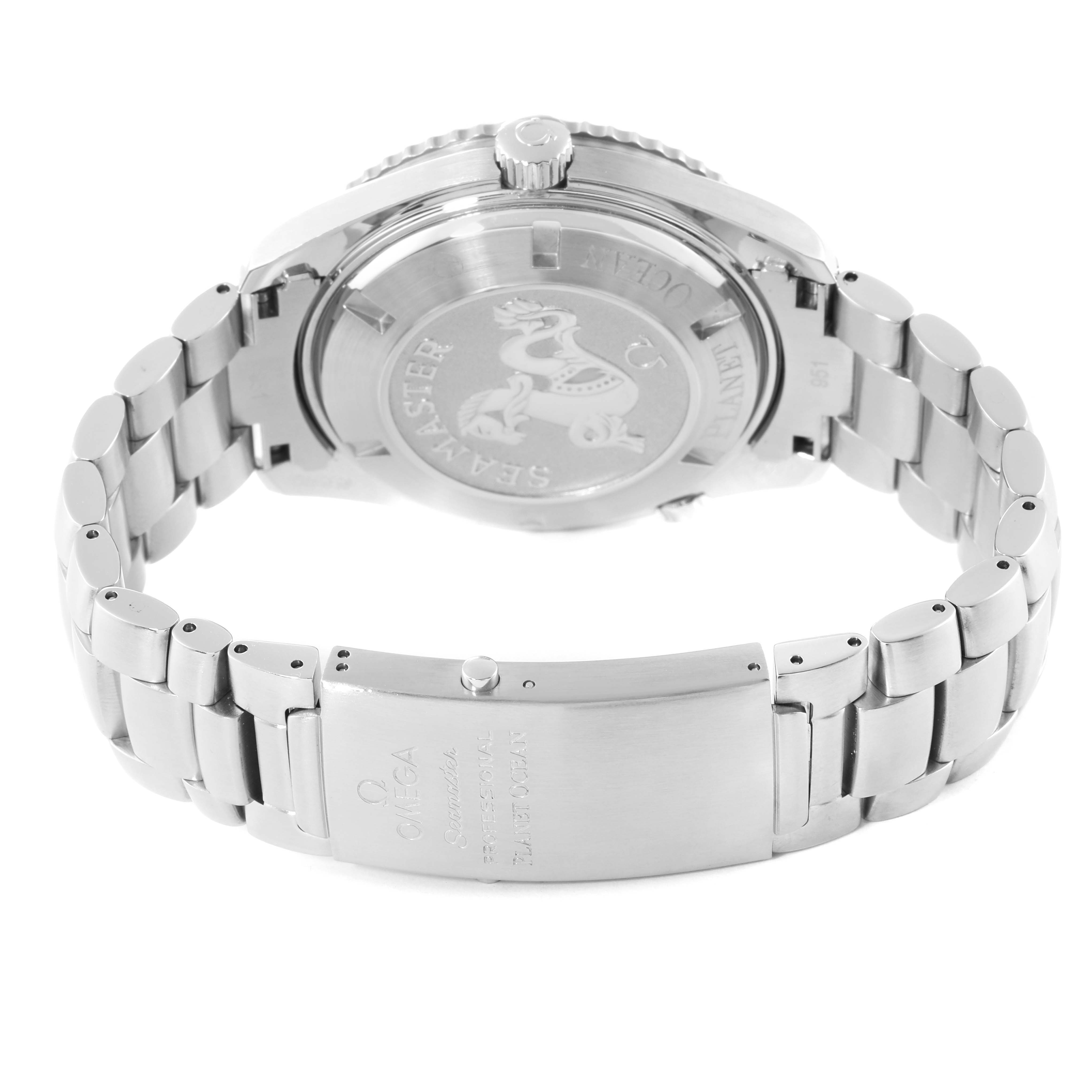 The image shows the back view of an Omega Planet Ocean 2208.50.00 Men
s Stainless Steel Black Dial 2208.50.00 Men
s Stainless Steel Black Dial watch, highlighting its clasp, bracelet, and case back.