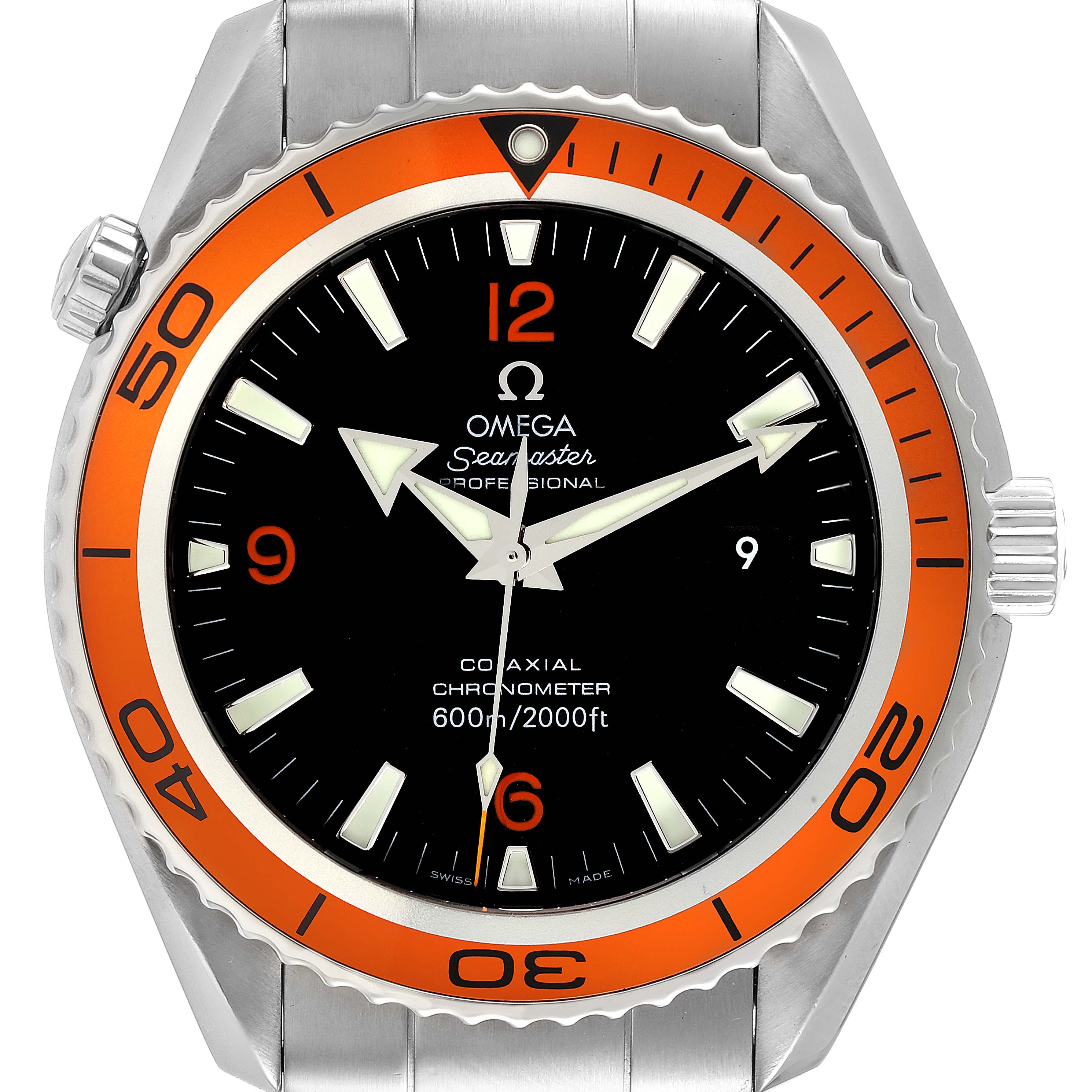 The Omega Planet Ocean 2208.50.00 Men
s Stainless Steel Black Dial 2208.50.00 Men
s Stainless Steel Black Dial watch is shown from the front, displaying the dial, bezel, crown, and part of the bracelet.
