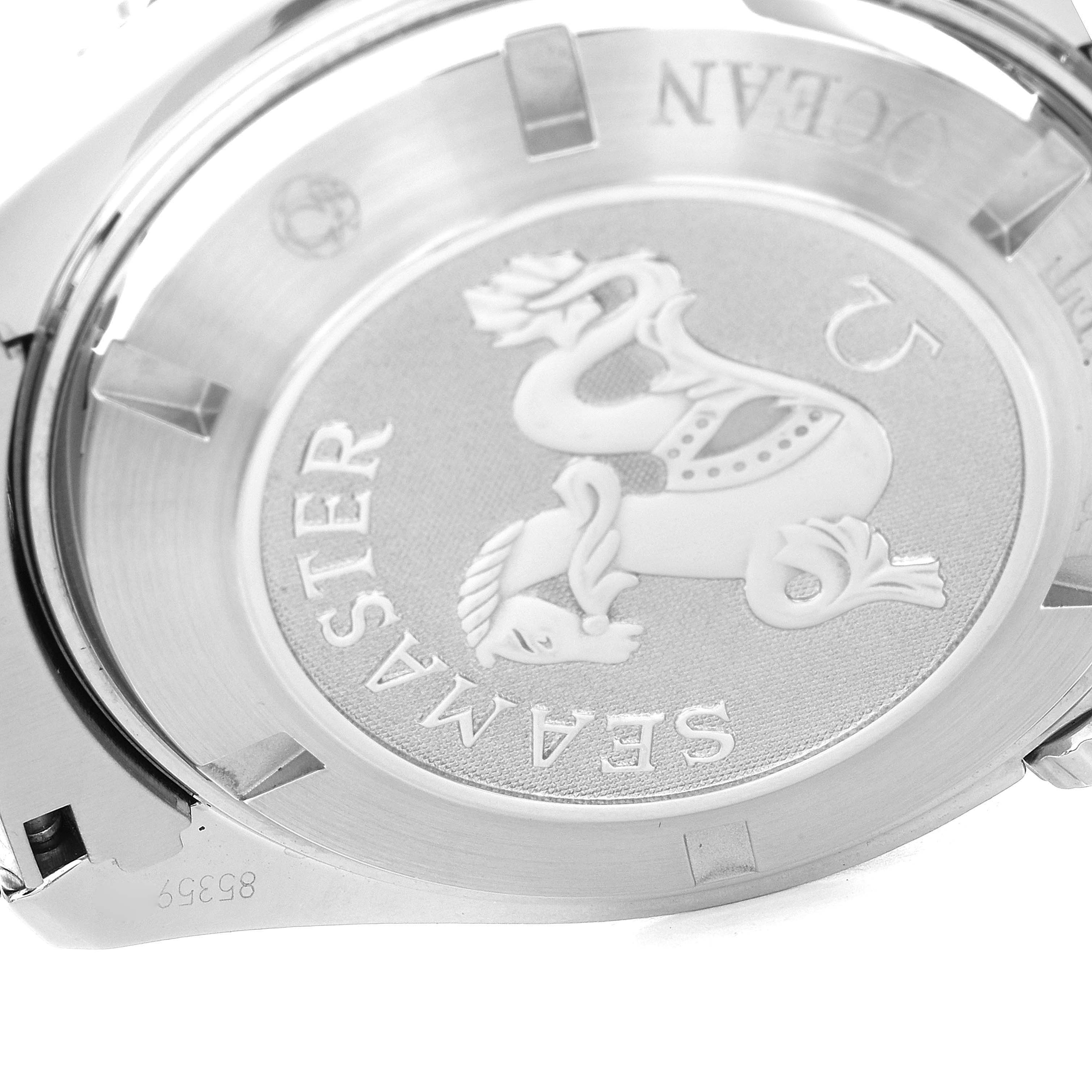 This image shows the case back of the Omega Planet Ocean 2208.50.00 Men
s Stainless Steel Black Dial 2208.50.00 Men
s Stainless Steel Black Dial Seamaster watch, angled to display the engraved logo and text.