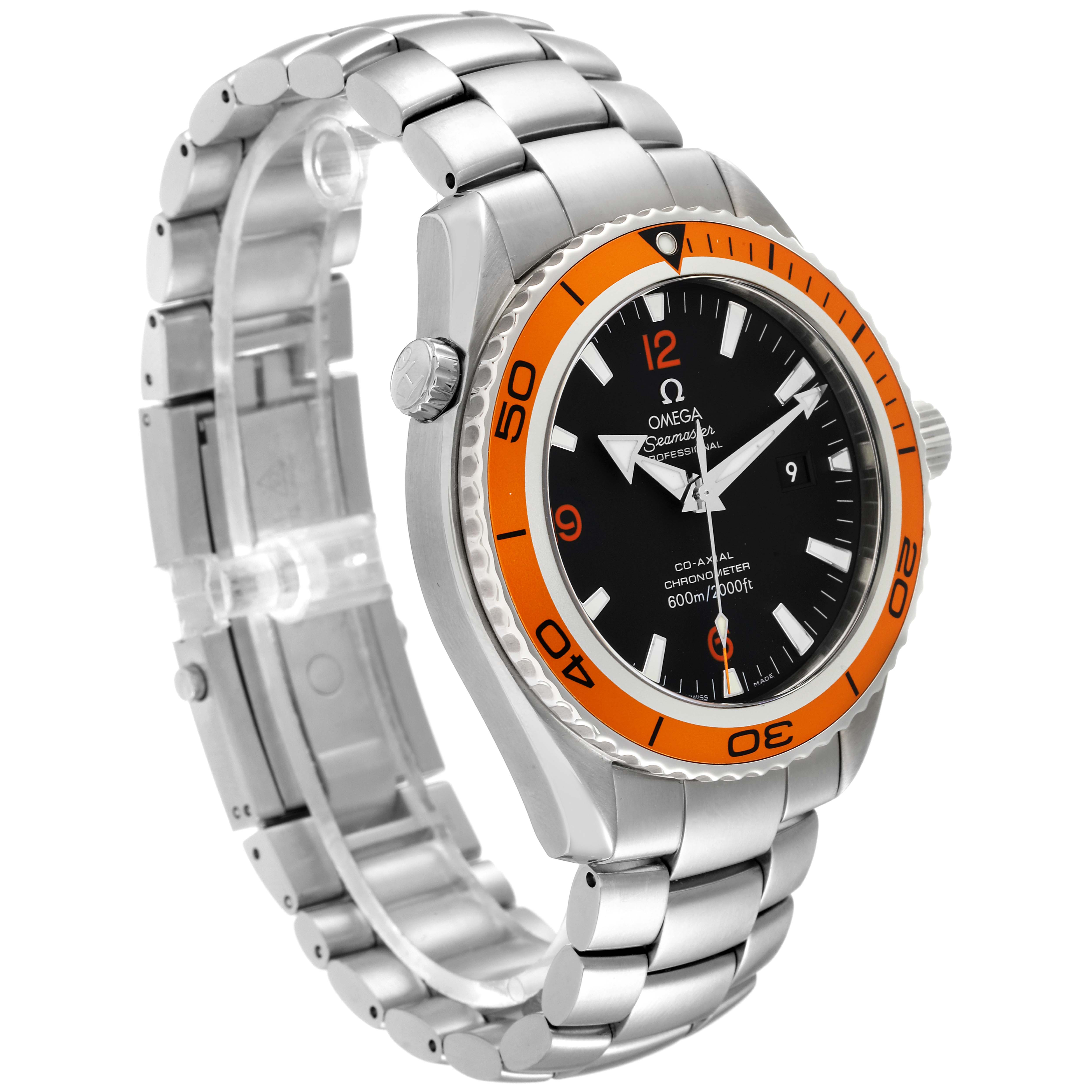 The image shows an angled view of an Omega Planet Ocean 2208.50.00 Men
s Stainless Steel Black Dial 2208.50.00 Men
s Stainless Steel Black Dial watch, highlighting its orange bezel, black dial, bracelet, and case.