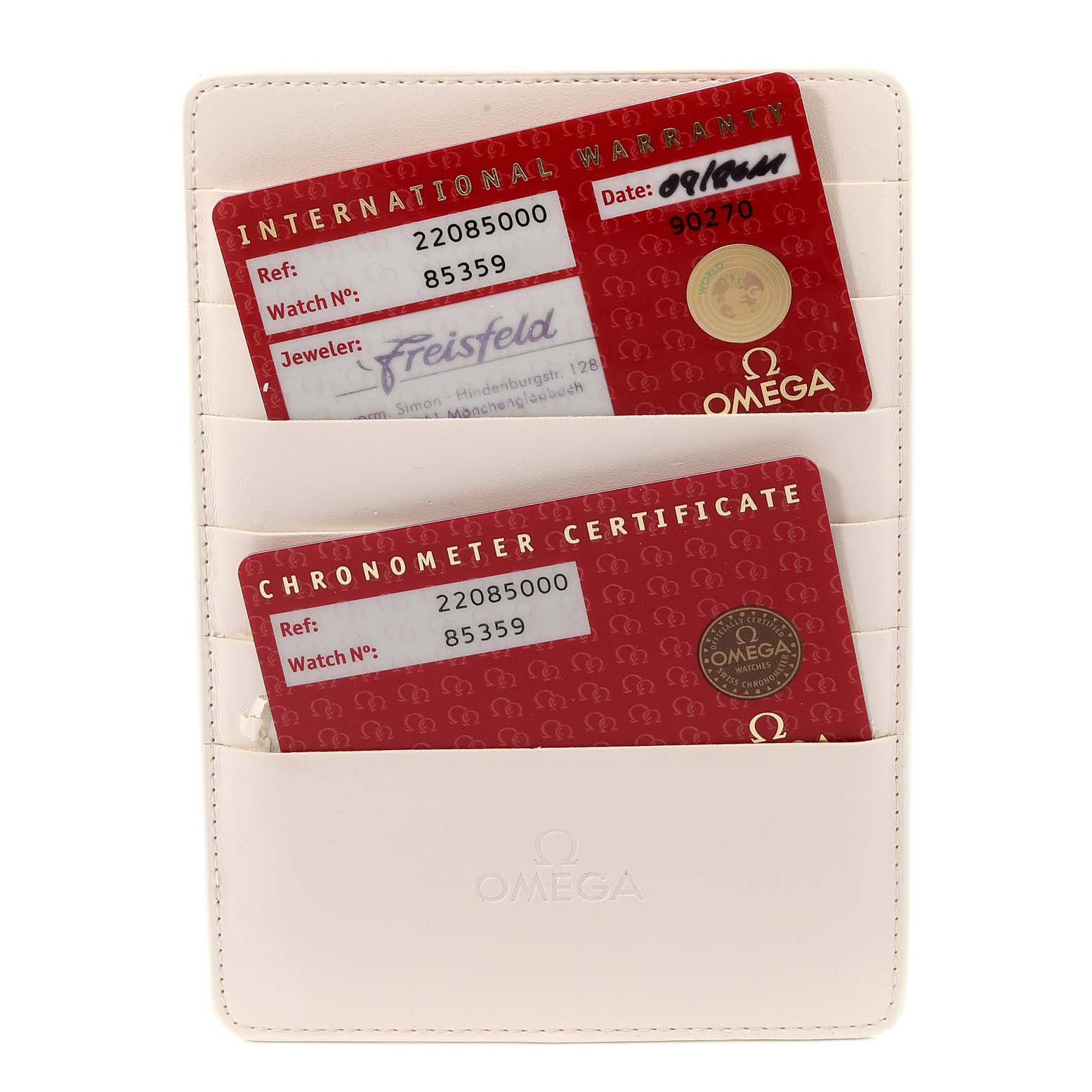 The image shows the international warranty and chronometer certificate cards for the Omega Planet Ocean 2208.50.00 Men
s Stainless Steel Black Dial 2208.50.00 Men
s Stainless Steel Black Dial model.