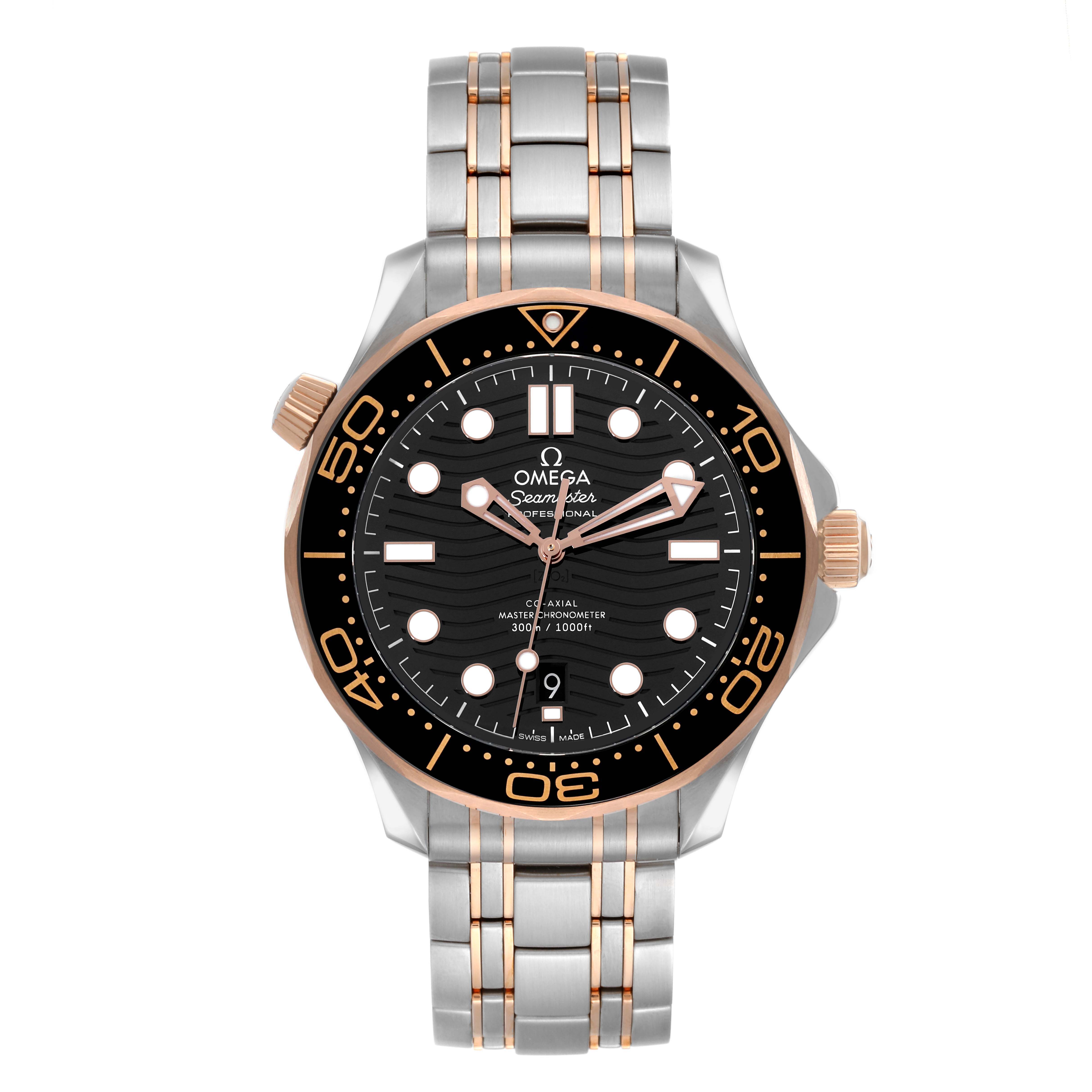 This is a front view of the Omega Seamaster 210.20.42.20.01.001 Men's Stainless Steel Black Dial 210.20.42.20.01.001 Men's Stainless Steel Black Dial watch, showing the dial, bezel, and bracelet.